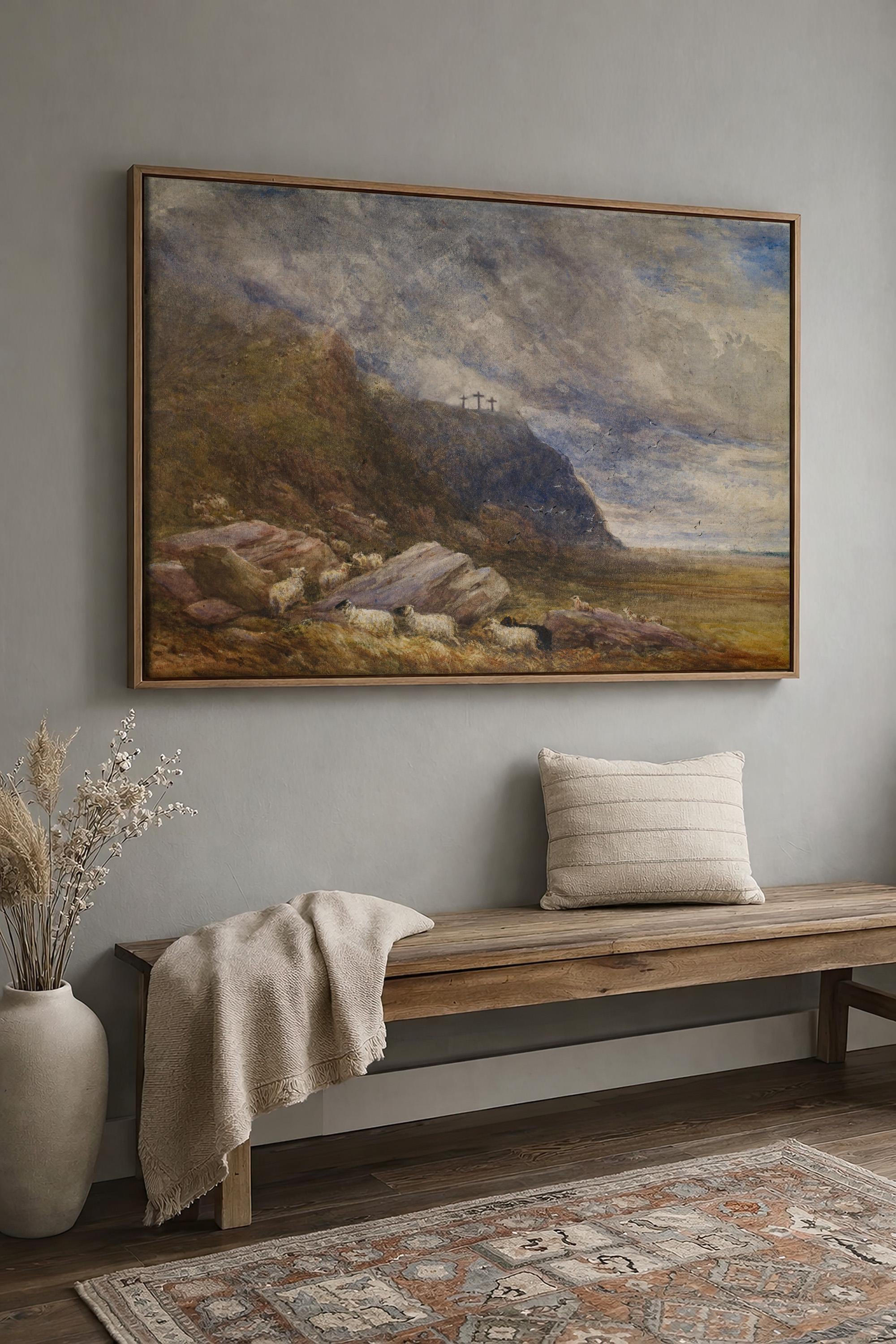 Calvary Landscape Christian Wall Art, Three Crosses Biblical Painting, Faith Based Landscape Artwork, Subtle Christian Home Decor