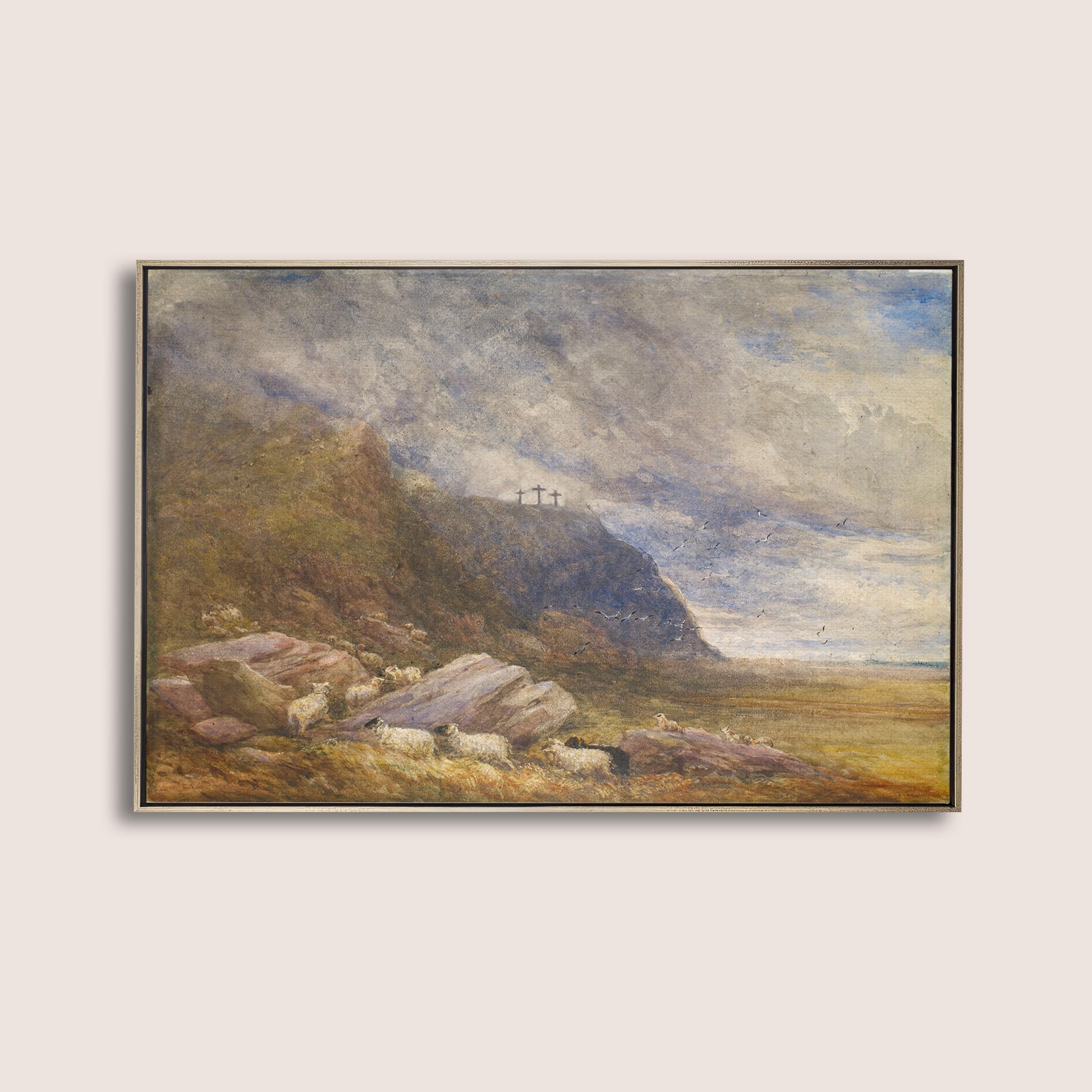 Calvary Landscape Christian Wall Art, Three Crosses Biblical Painting, Faith Based Landscape Artwork, Subtle Christian Home Decor