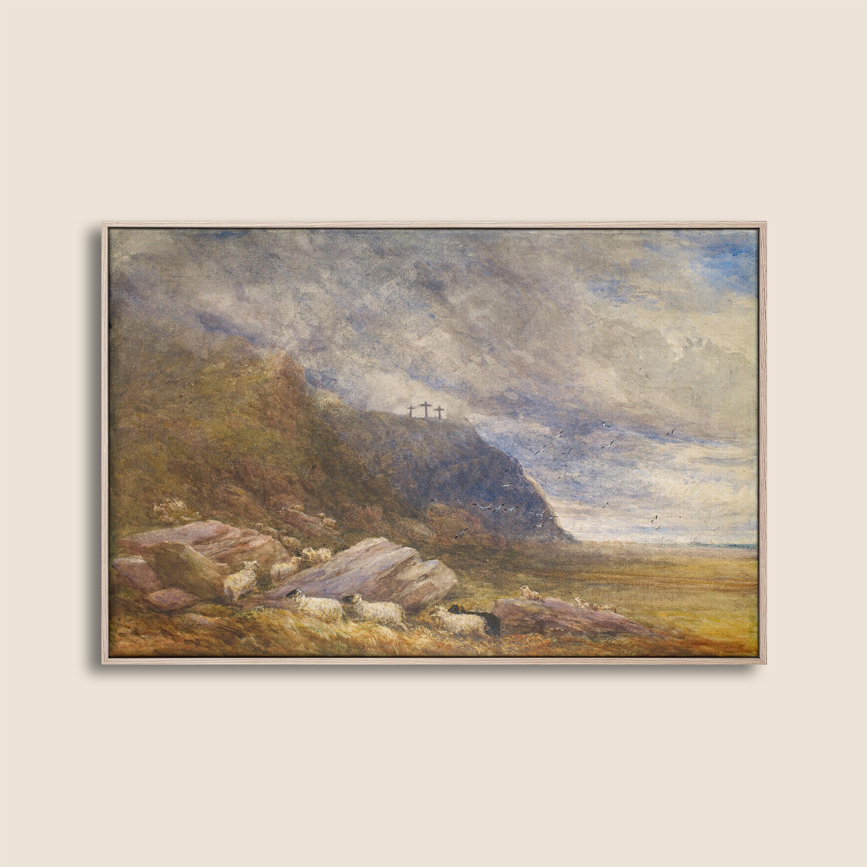 Calvary Landscape Christian Wall Art, Three Crosses Biblical Painting, Faith Based Landscape Artwork, Subtle Christian Home Decor