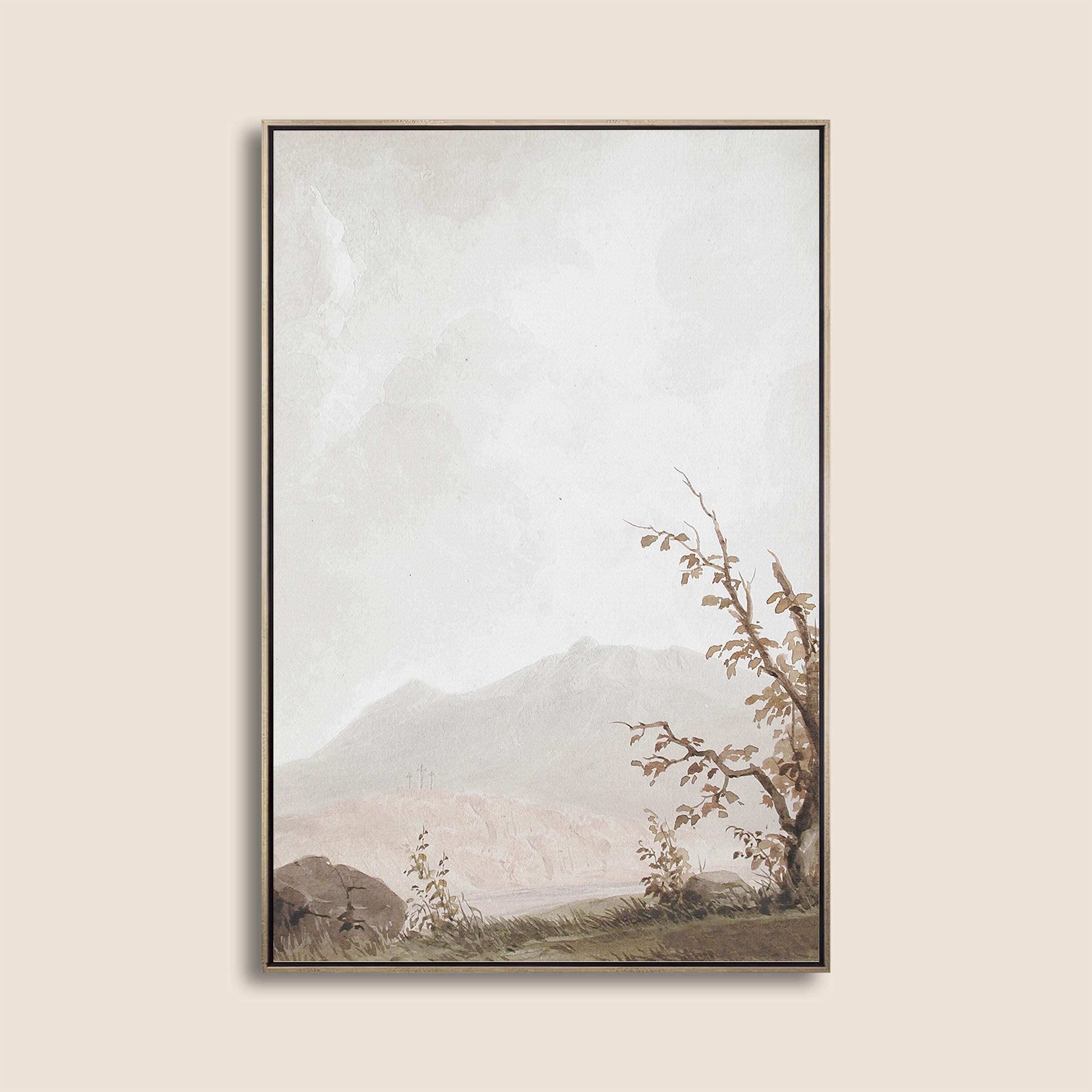 Calvary Landscape Wall Art, Faith Inspired Mountain Scene with Three Crosses, Neutral Christian Artwork, Subtle Biblical Home Decor