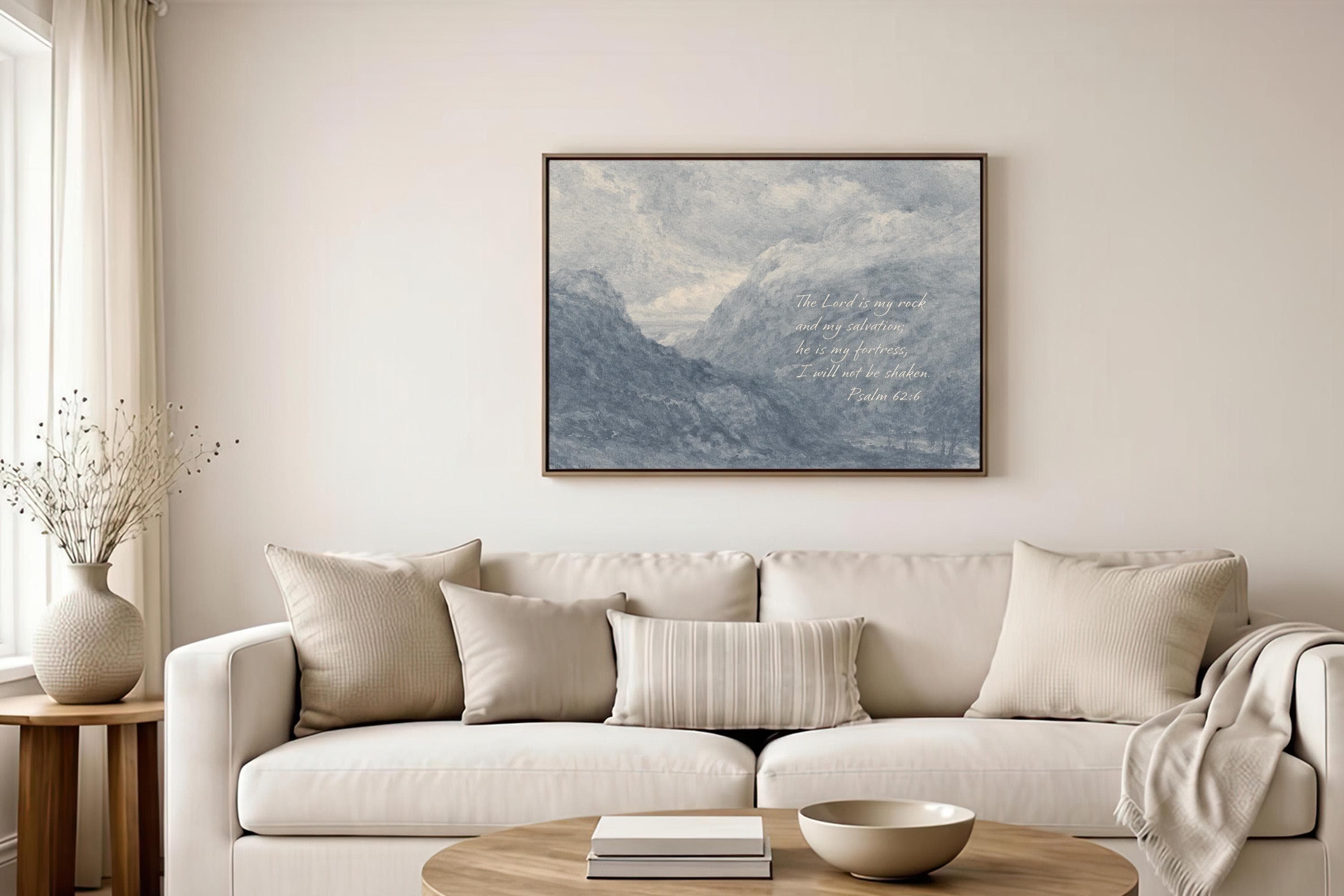 Psalm 62:6 Wall Art – The Lord Is My Rock – Blue Mountain Christian Landscape Print – Vintage Scripture Wall Decor
