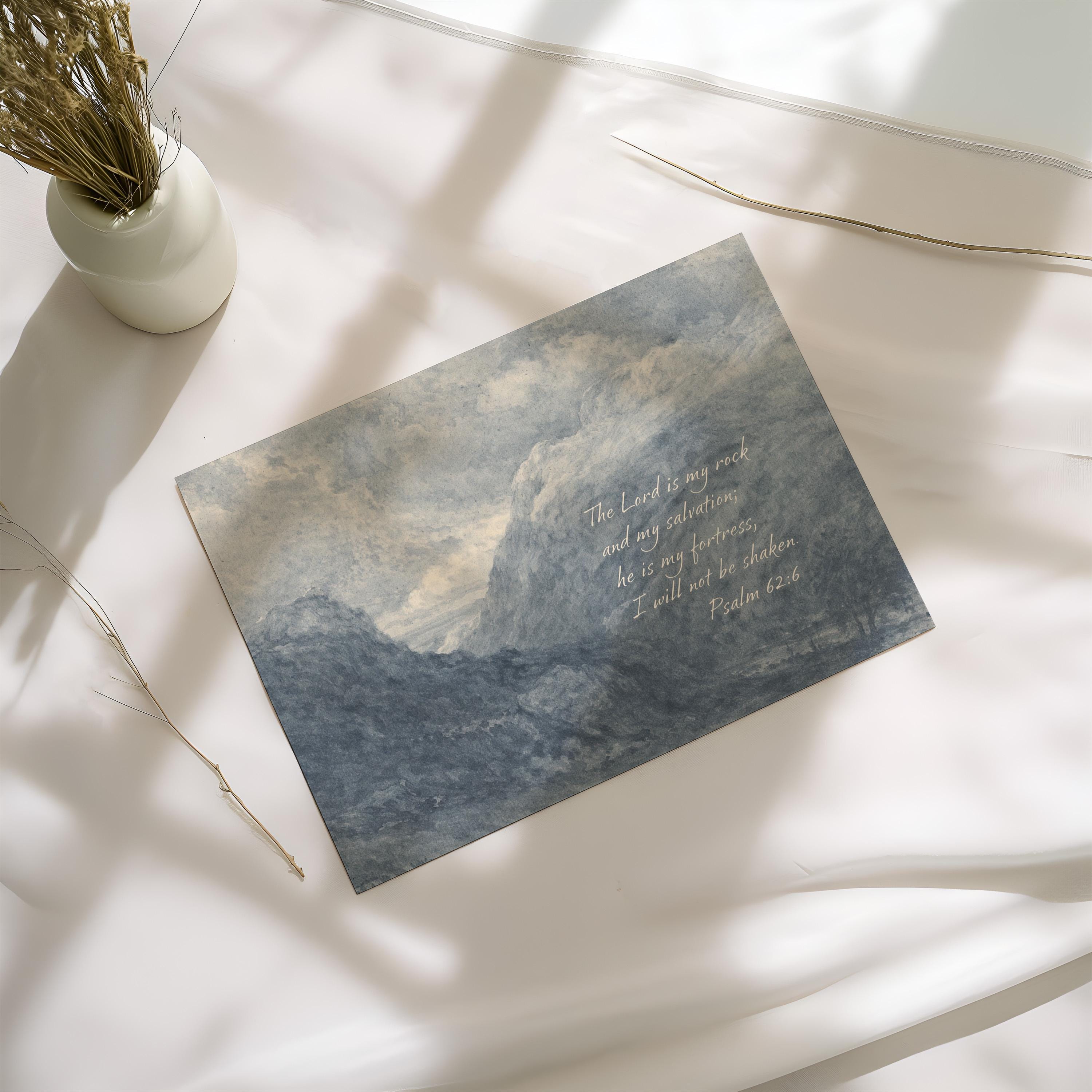 Psalm 62:6 Wall Art – The Lord Is My Rock – Blue Mountain Christian Landscape Print – Vintage Scripture Wall Decor