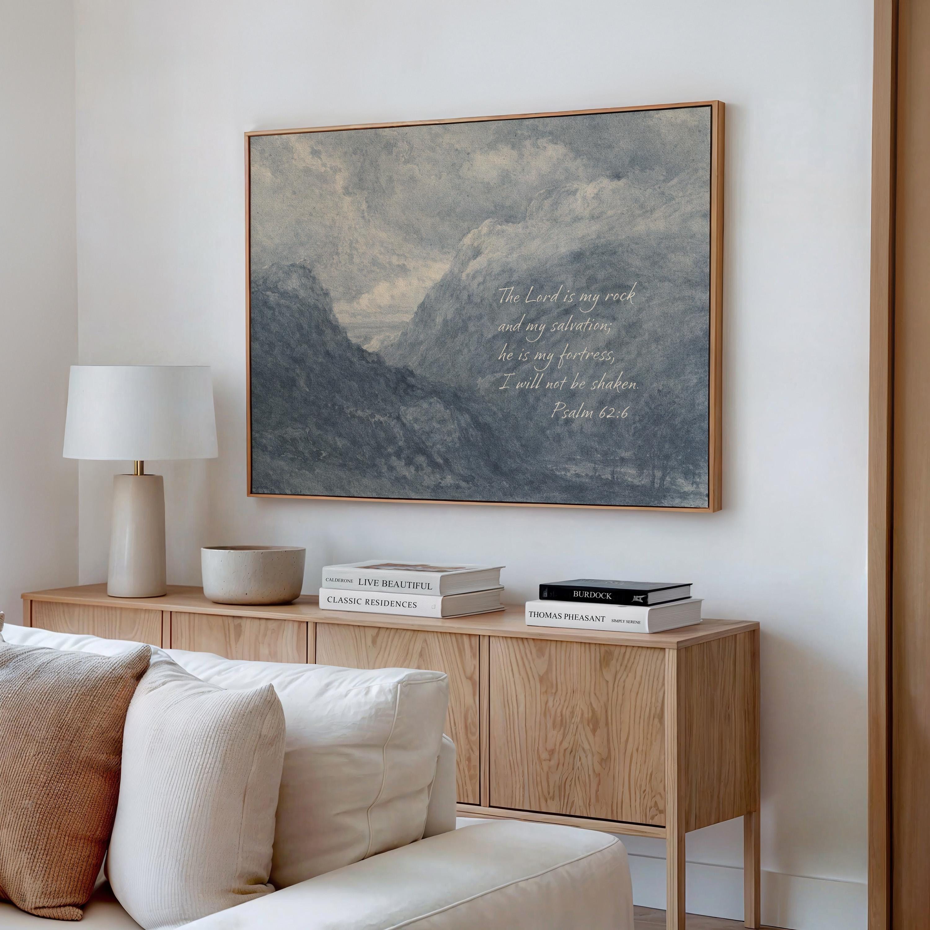 Psalm 62:6 Wall Art – The Lord Is My Rock – Blue Mountain Christian Landscape Print – Vintage Scripture Wall Decor