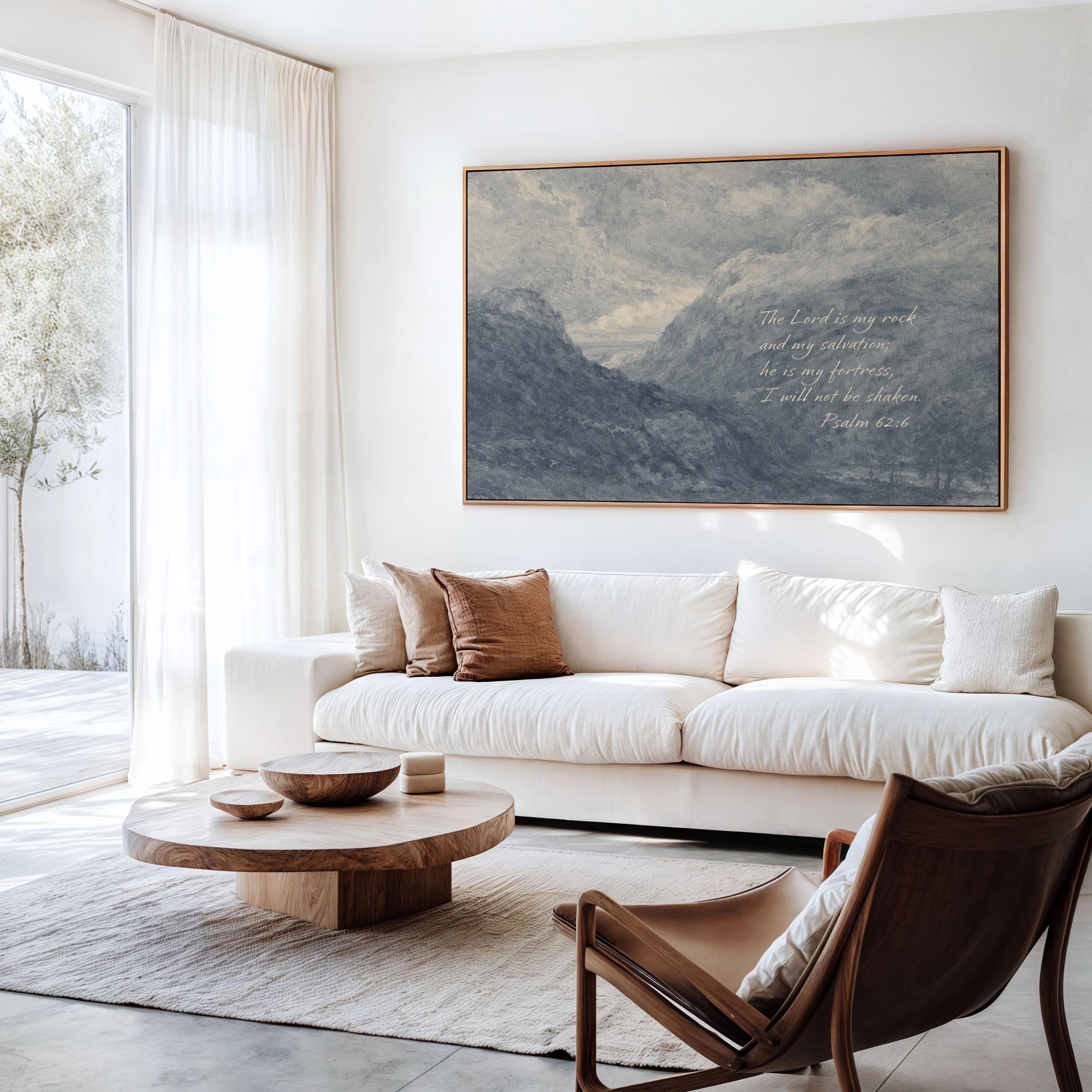 Psalm 62:6 Wall Art – The Lord Is My Rock – Blue Mountain Christian Landscape Print – Vintage Scripture Wall Decor