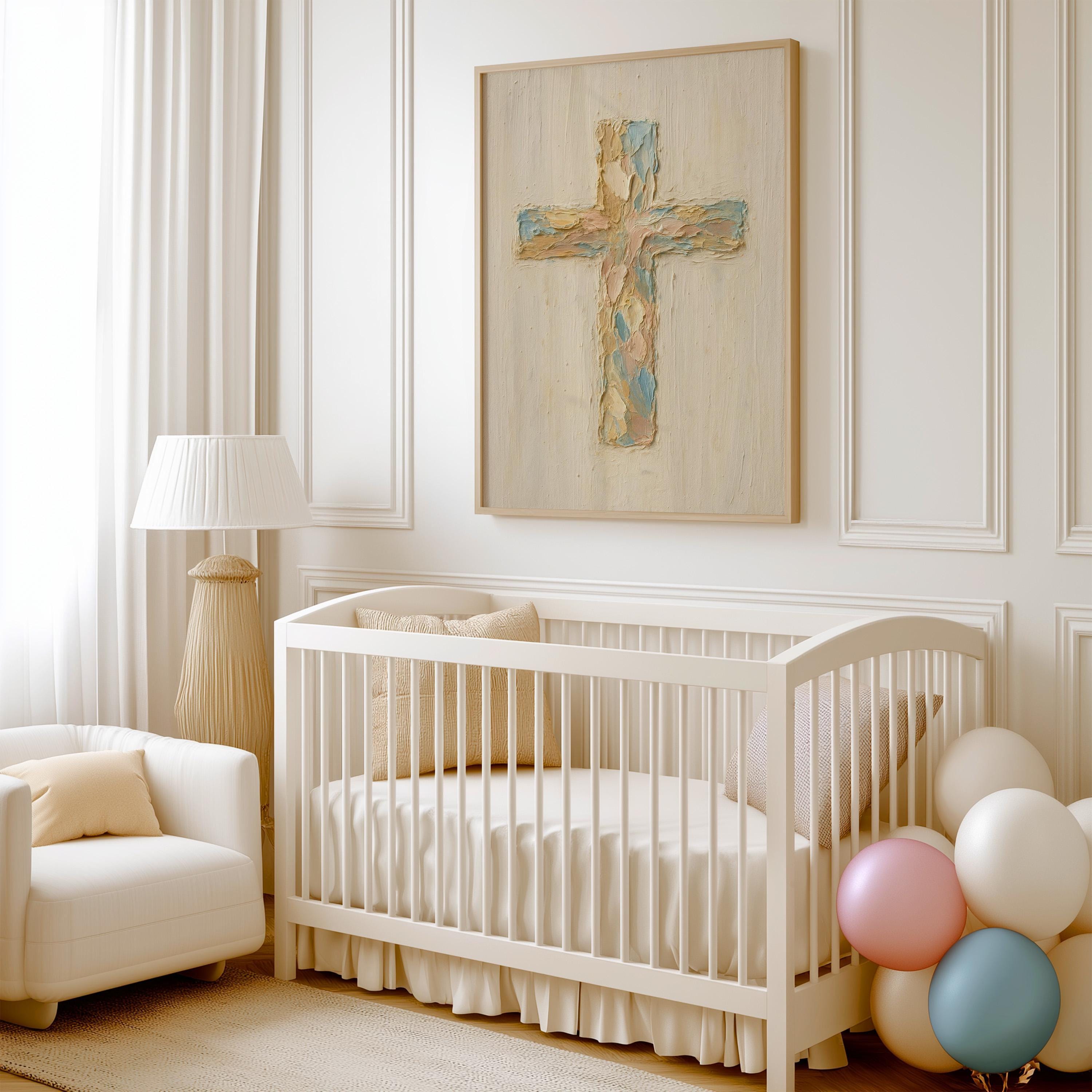 Pastel Christian Cross Art Print: Abstract Canvas-Style Look - Religious Home Decor