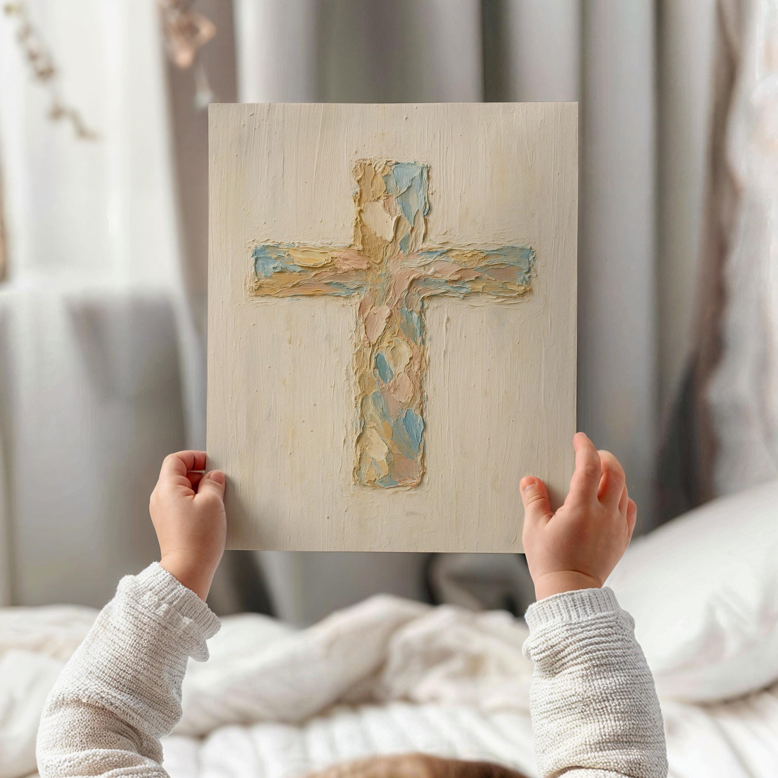 Pastel Christian Cross Art Print: Abstract Canvas-Style Look - Religious Home Decor