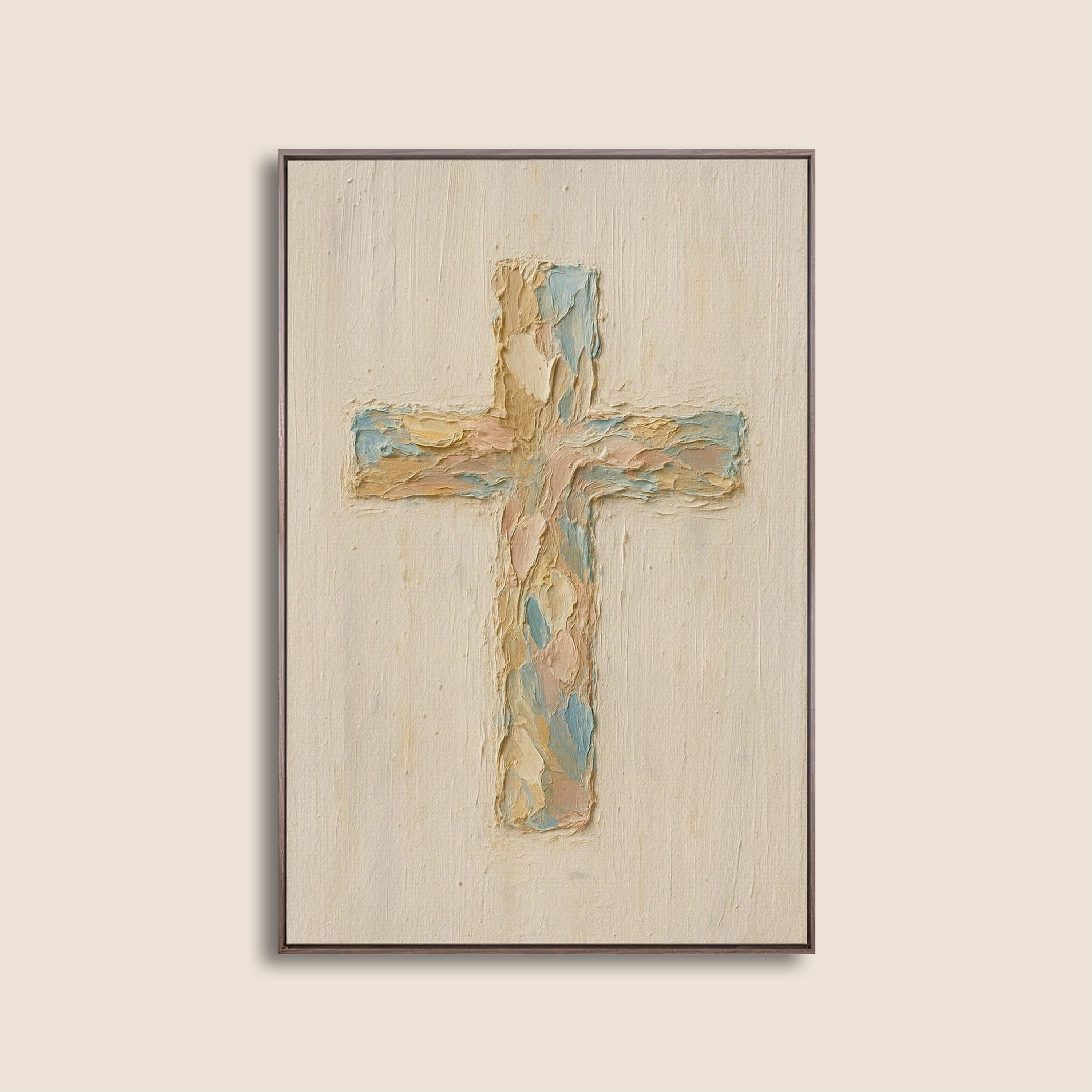 Pastel Christian Cross Art Print: Abstract Canvas-Style Look - Religious Home Decor