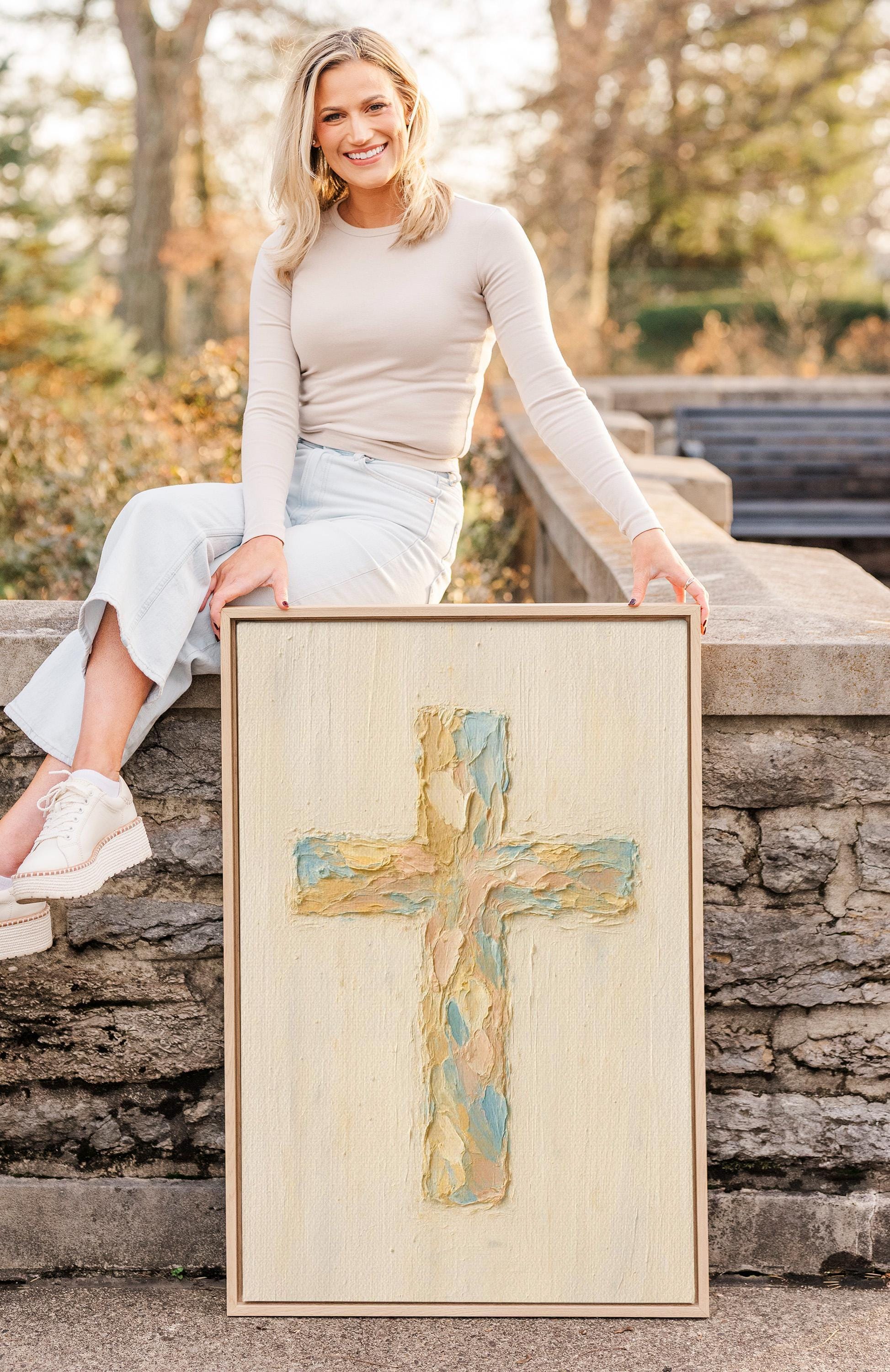 Pastel Christian Cross Art Print: Abstract Canvas-Style Look - Religious Home Decor