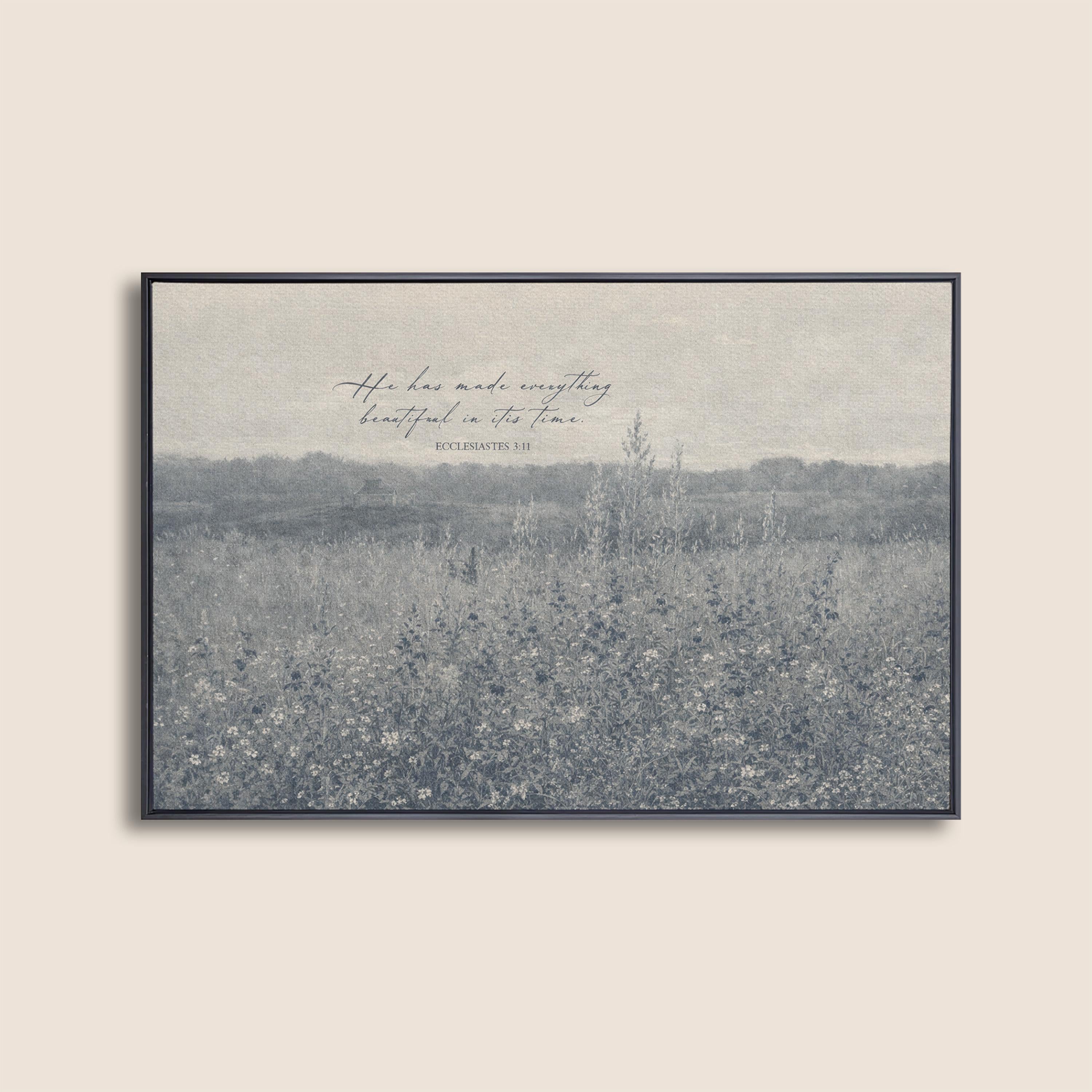 Ecclesiastes 3:11 Wall Art – He Has Made Everything Beautiful – Vintage Blue Christian Field Landscape Print – Scripture Decor