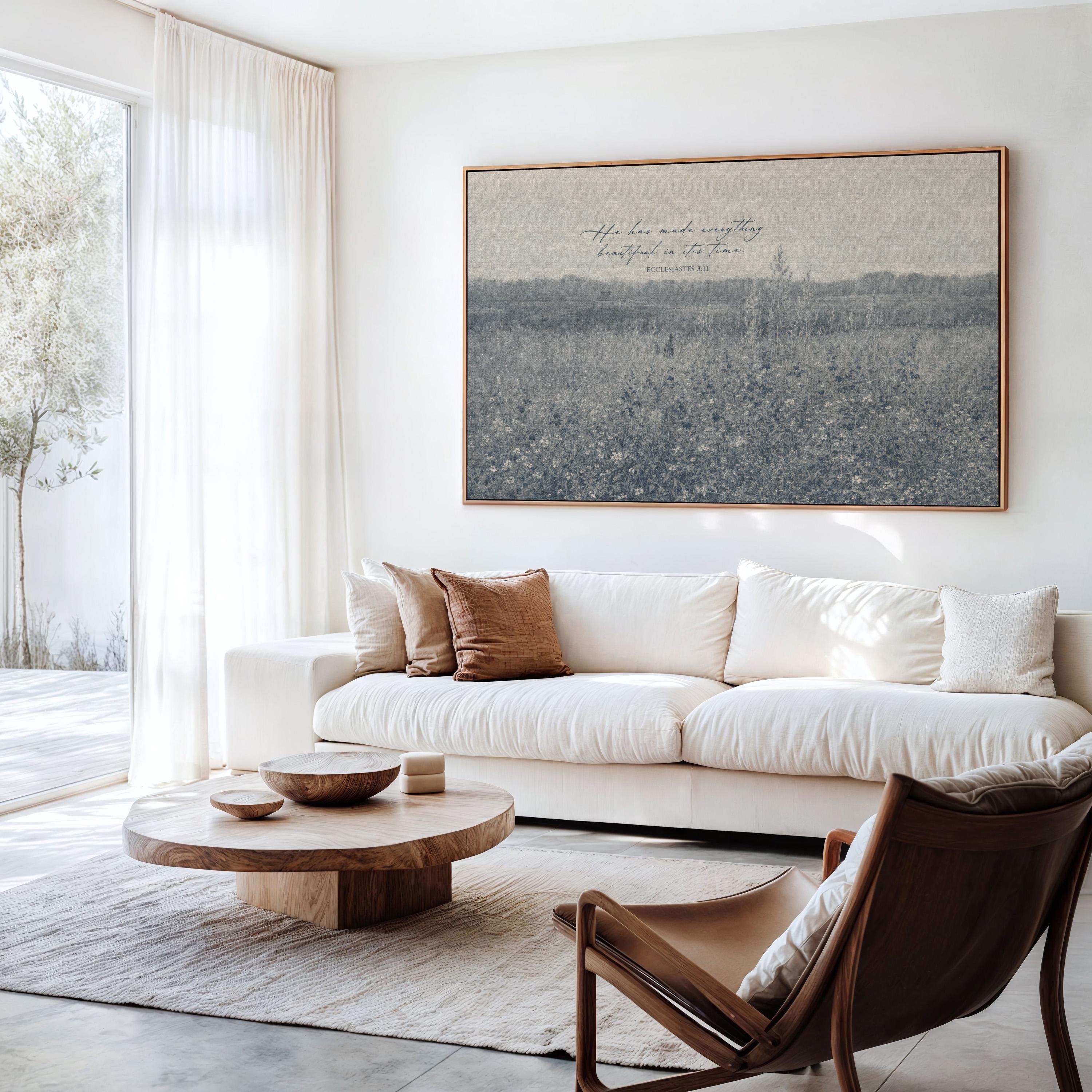 Ecclesiastes 3:11 Wall Art – He Has Made Everything Beautiful – Vintage Blue Christian Field Landscape Print – Scripture Decor