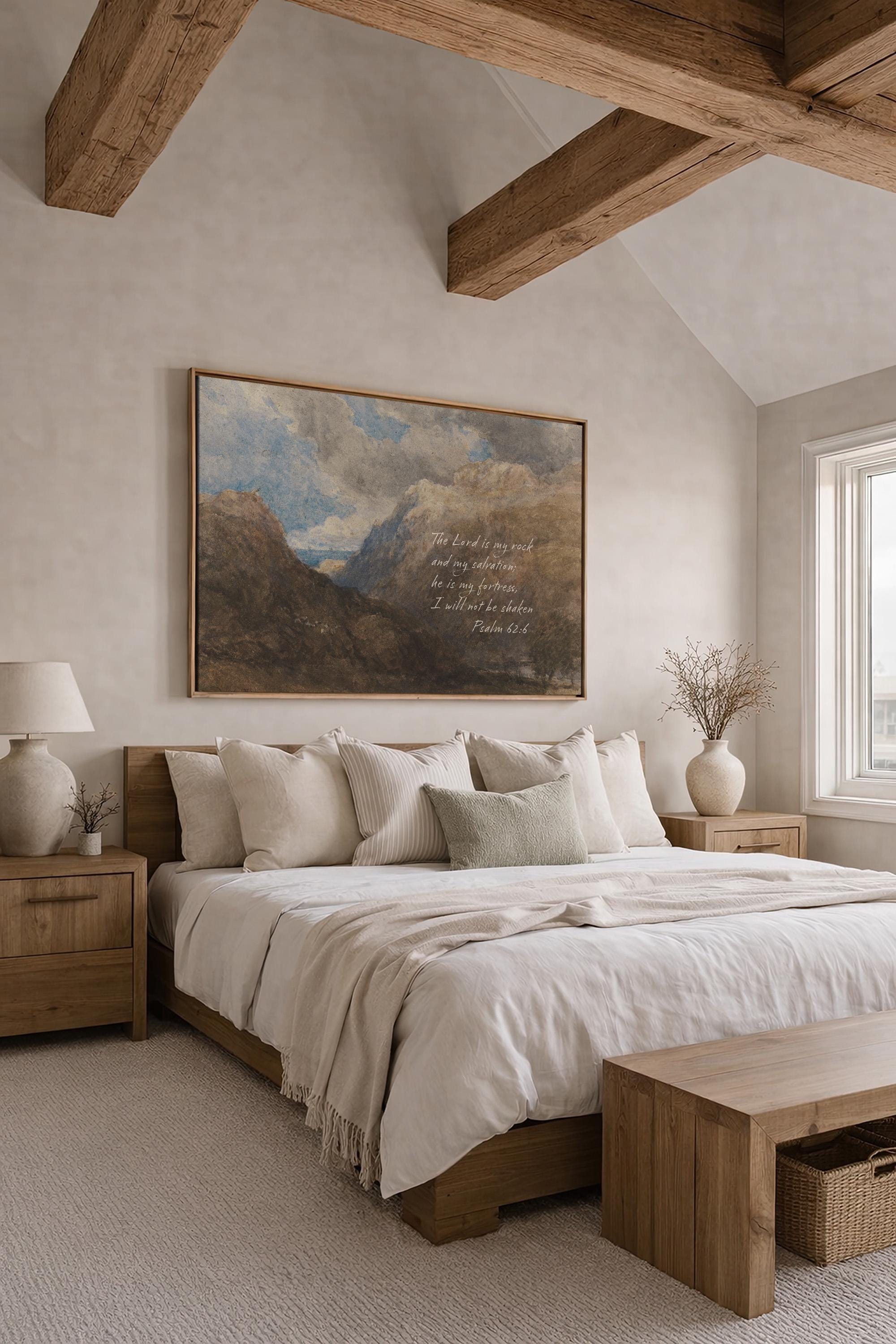 Psalm 62:6 Mountain Vintage Style Landscape | Warm Neutral Wall Art | Christian Home Decor