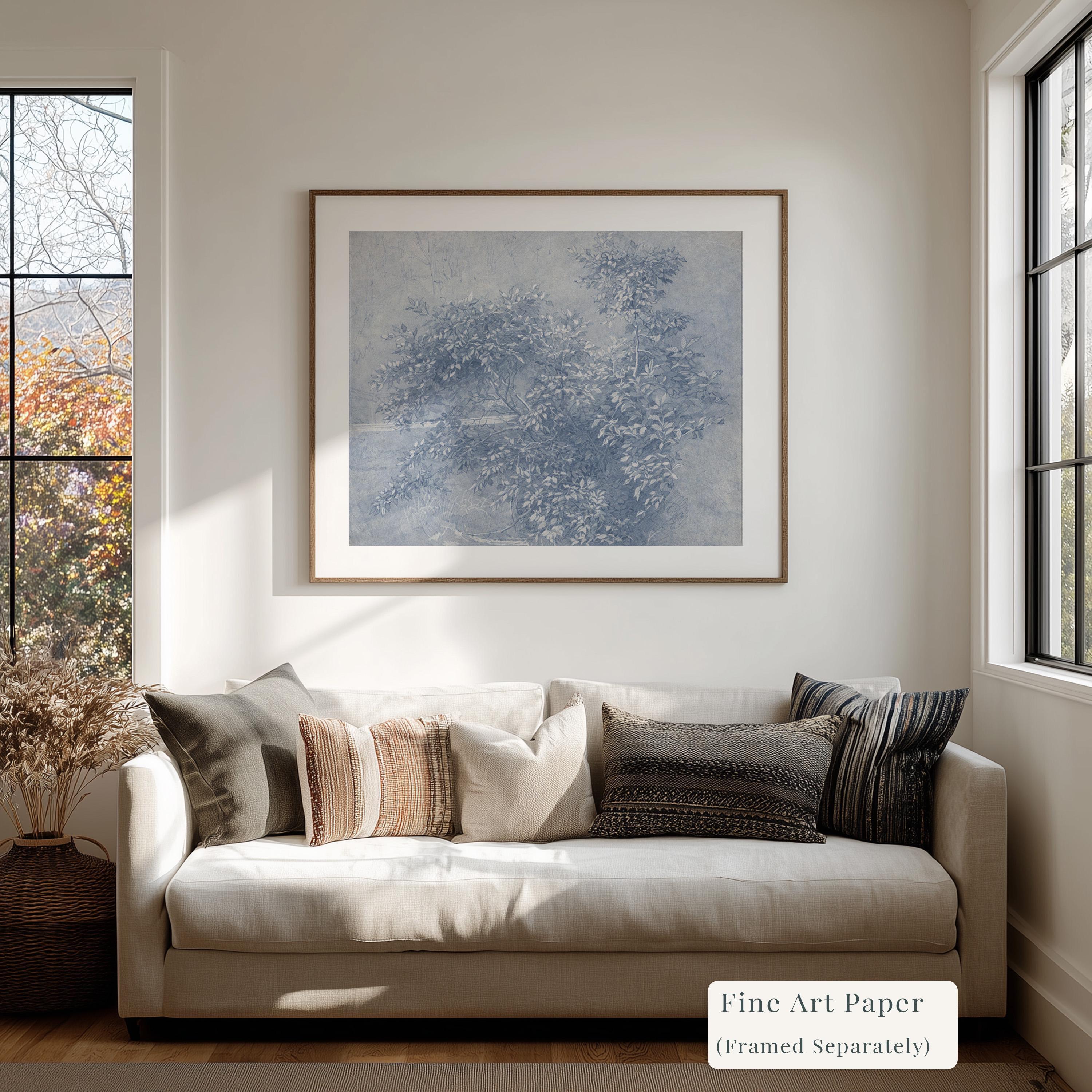 Antique Blue Botanical Wall Art Print – Vintage Ink Wash Leaves – French Country Cottage Decor – Blue Pastoral Landscape Art