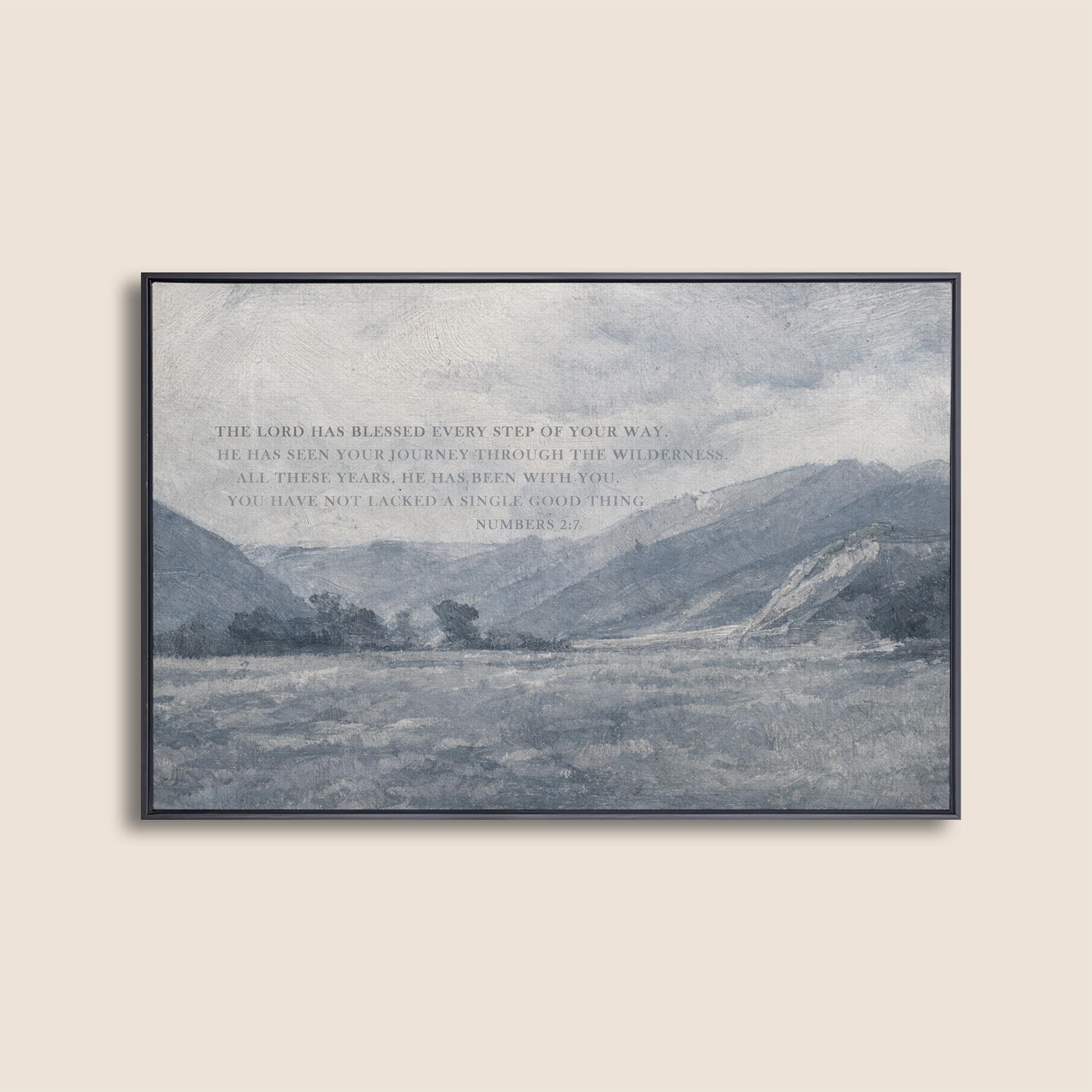 Numbers 2:7 Bible Verse Wall Art – The Lord Has Blessed Every Step – Vintage Blue Christian Landscape Print – Faith Home Decor