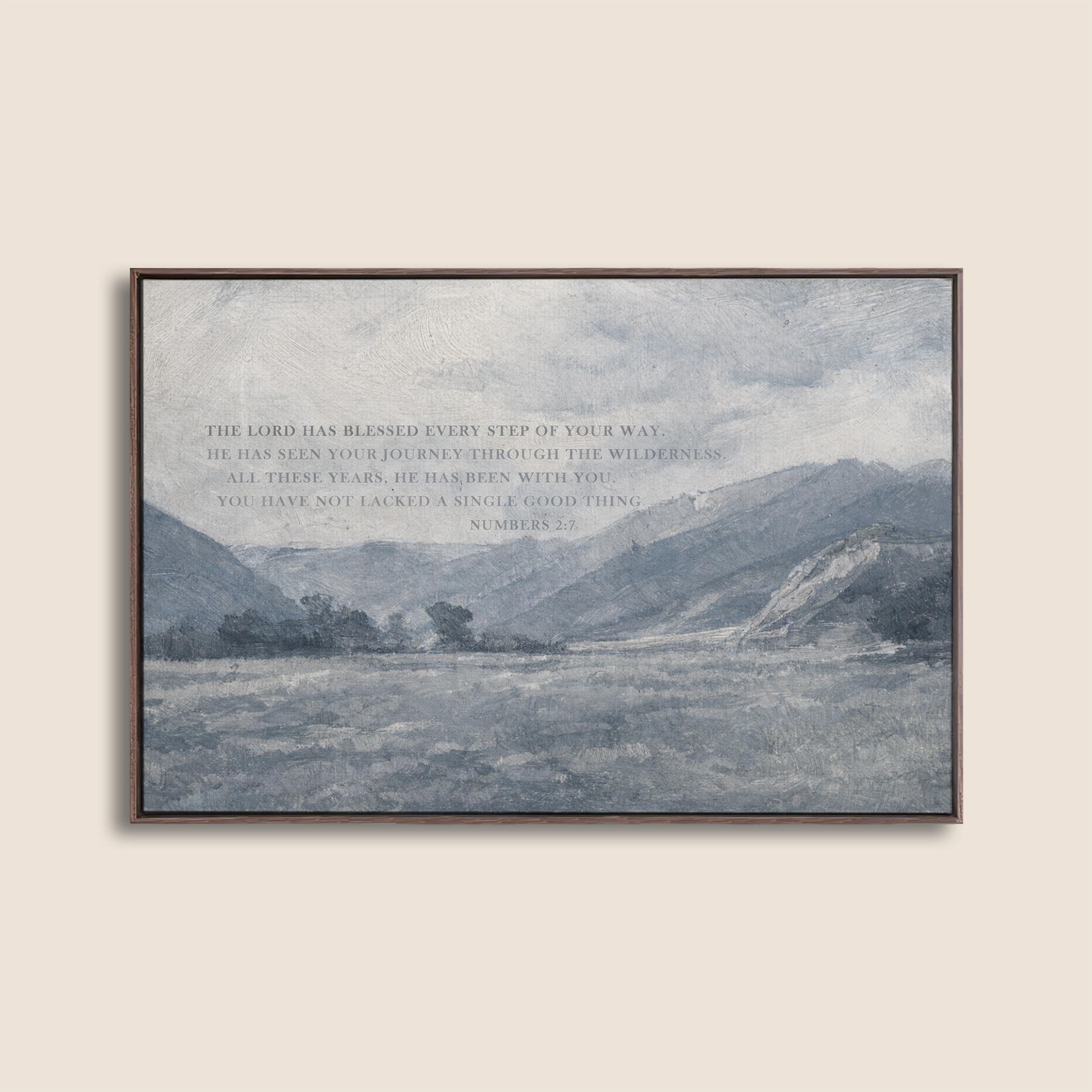 Numbers 2:7 Bible Verse Wall Art – The Lord Has Blessed Every Step – Vintage Blue Christian Landscape Print – Faith Home Decor