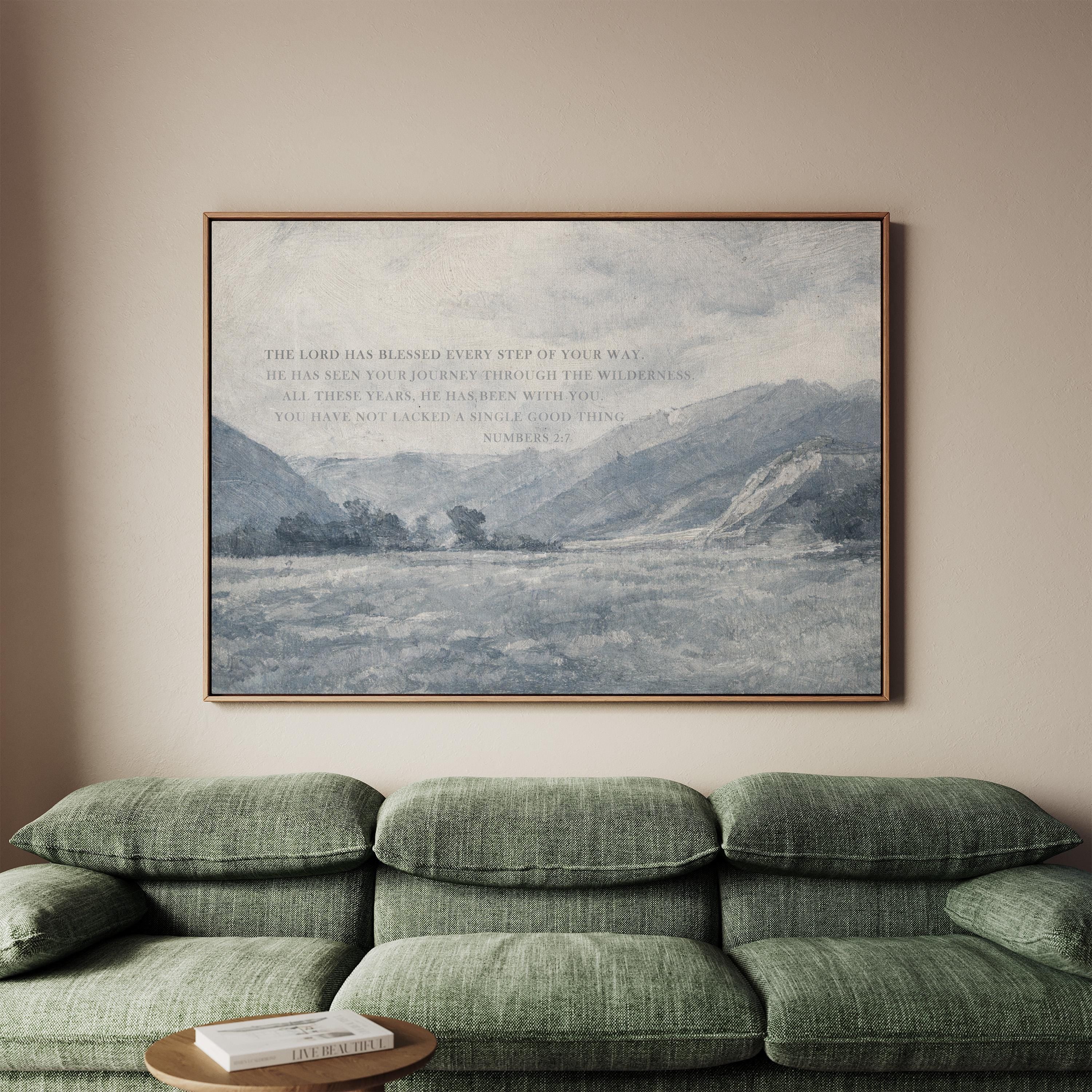 Numbers 2:7 Bible Verse Wall Art – The Lord Has Blessed Every Step – Vintage Blue Christian Landscape Print – Faith Home Decor
