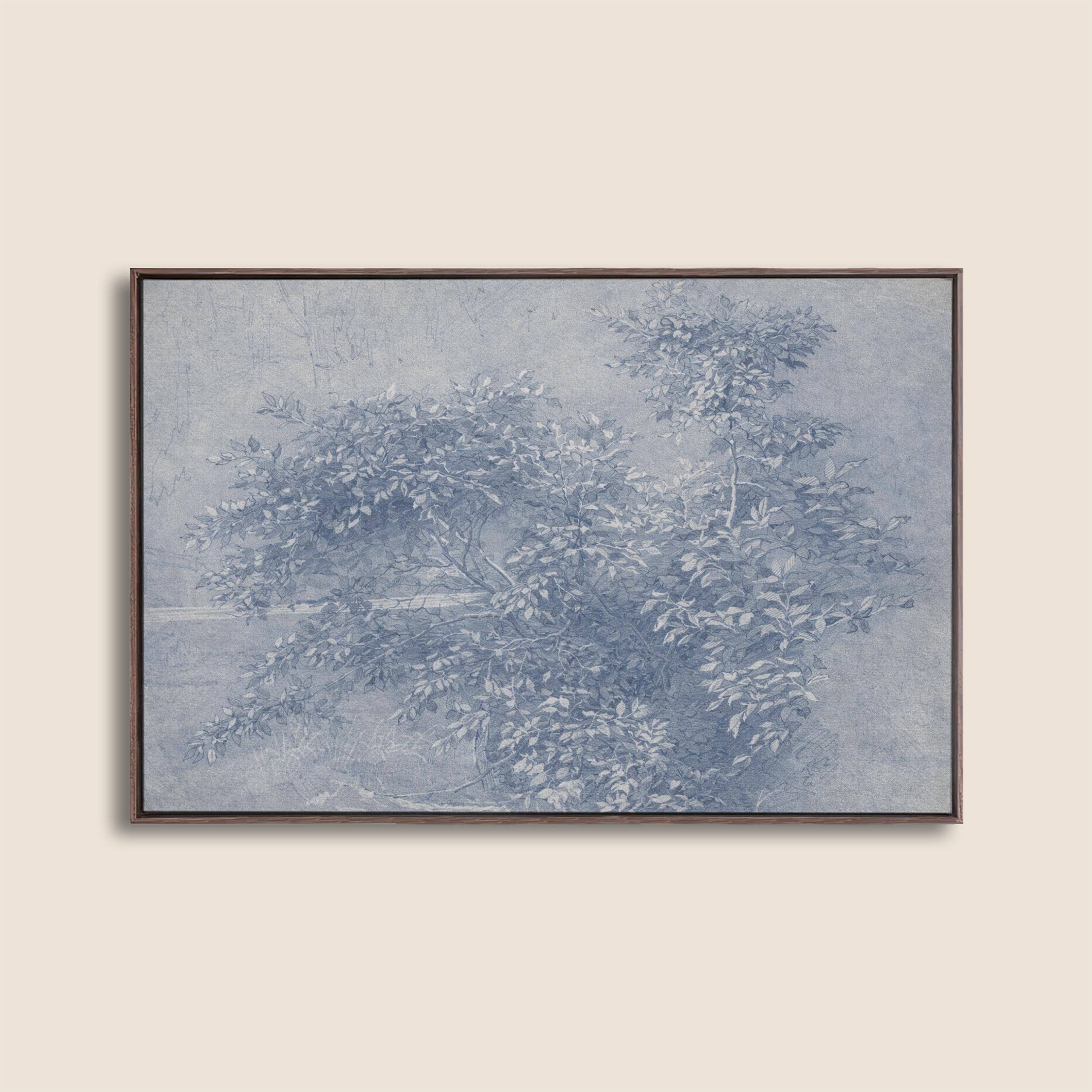 Antique Blue Botanical Wall Art Print – Vintage Ink Wash Leaves – French Country Cottage Decor – Blue Pastoral Landscape Art