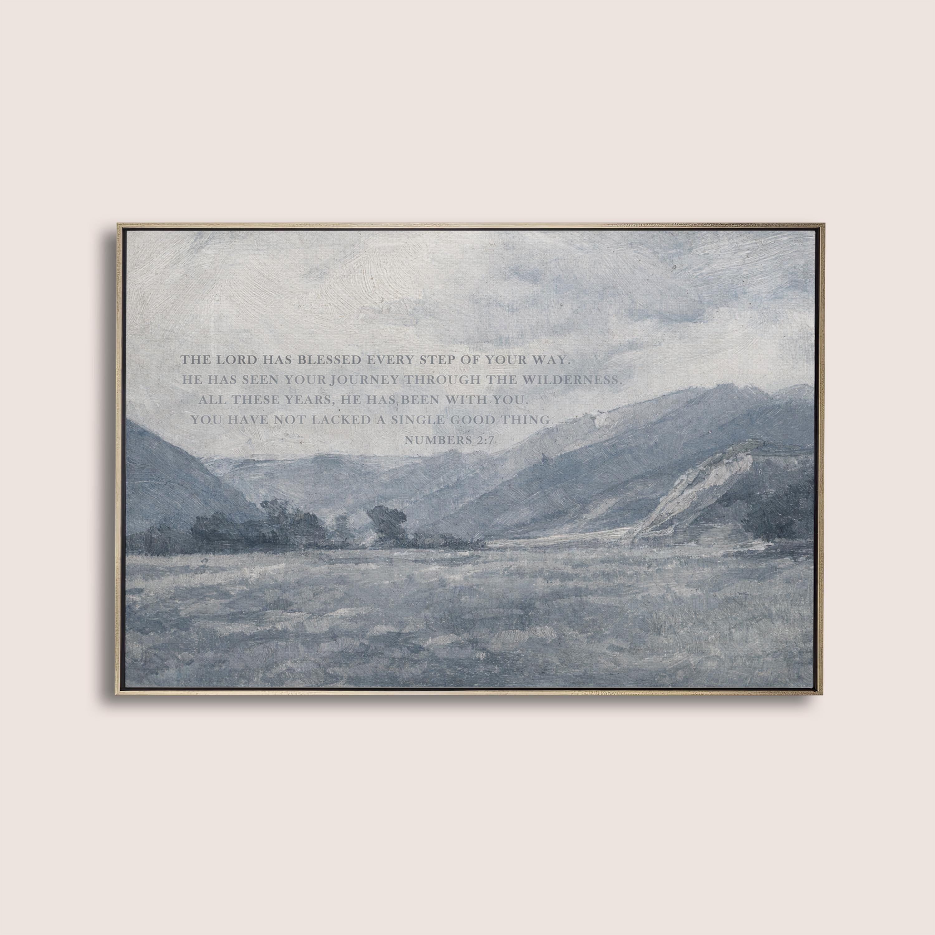 Numbers 2:7 Bible Verse Wall Art – The Lord Has Blessed Every Step – Vintage Blue Christian Landscape Print – Faith Home Decor