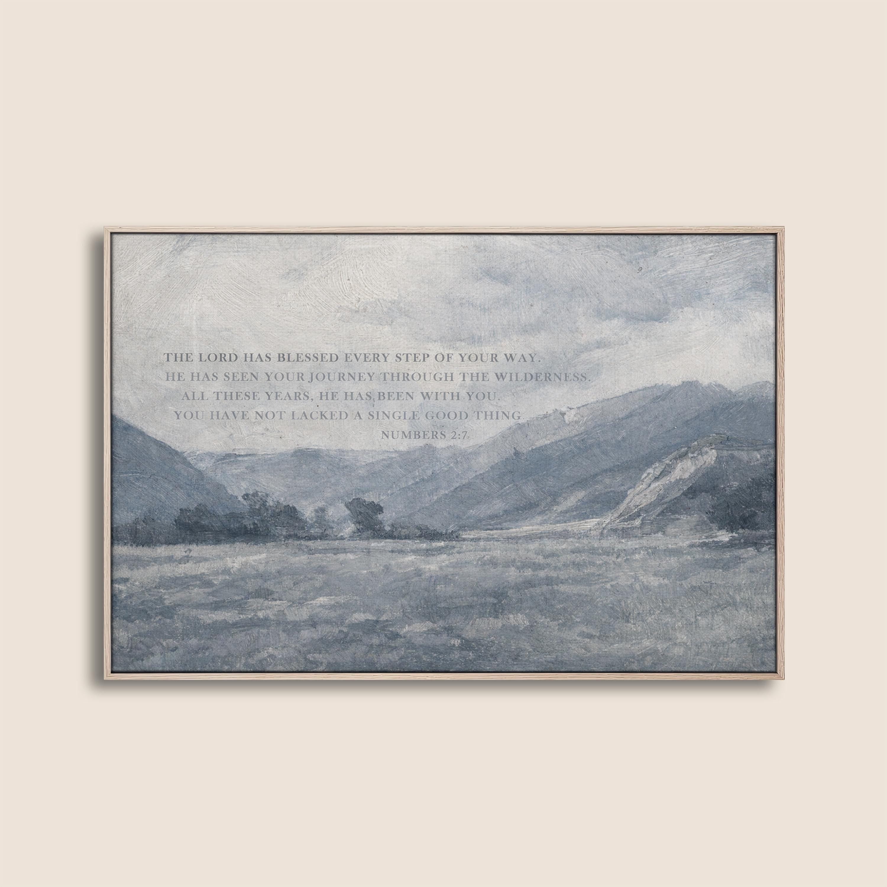 Numbers 2:7 Bible Verse Wall Art – The Lord Has Blessed Every Step – Vintage Blue Christian Landscape Print – Faith Home Decor