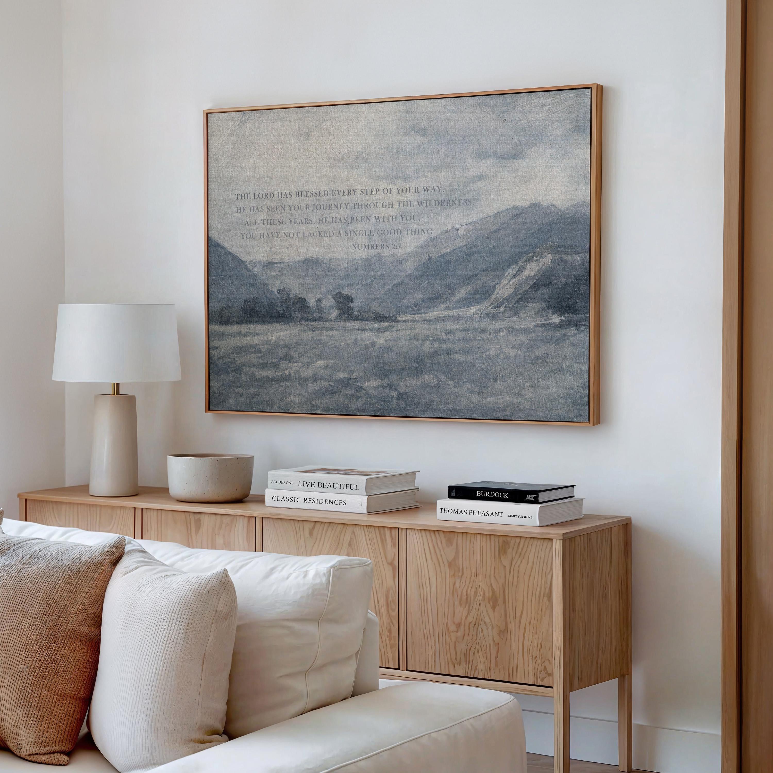 Numbers 2:7 Bible Verse Wall Art – The Lord Has Blessed Every Step – Vintage Blue Christian Landscape Print – Faith Home Decor