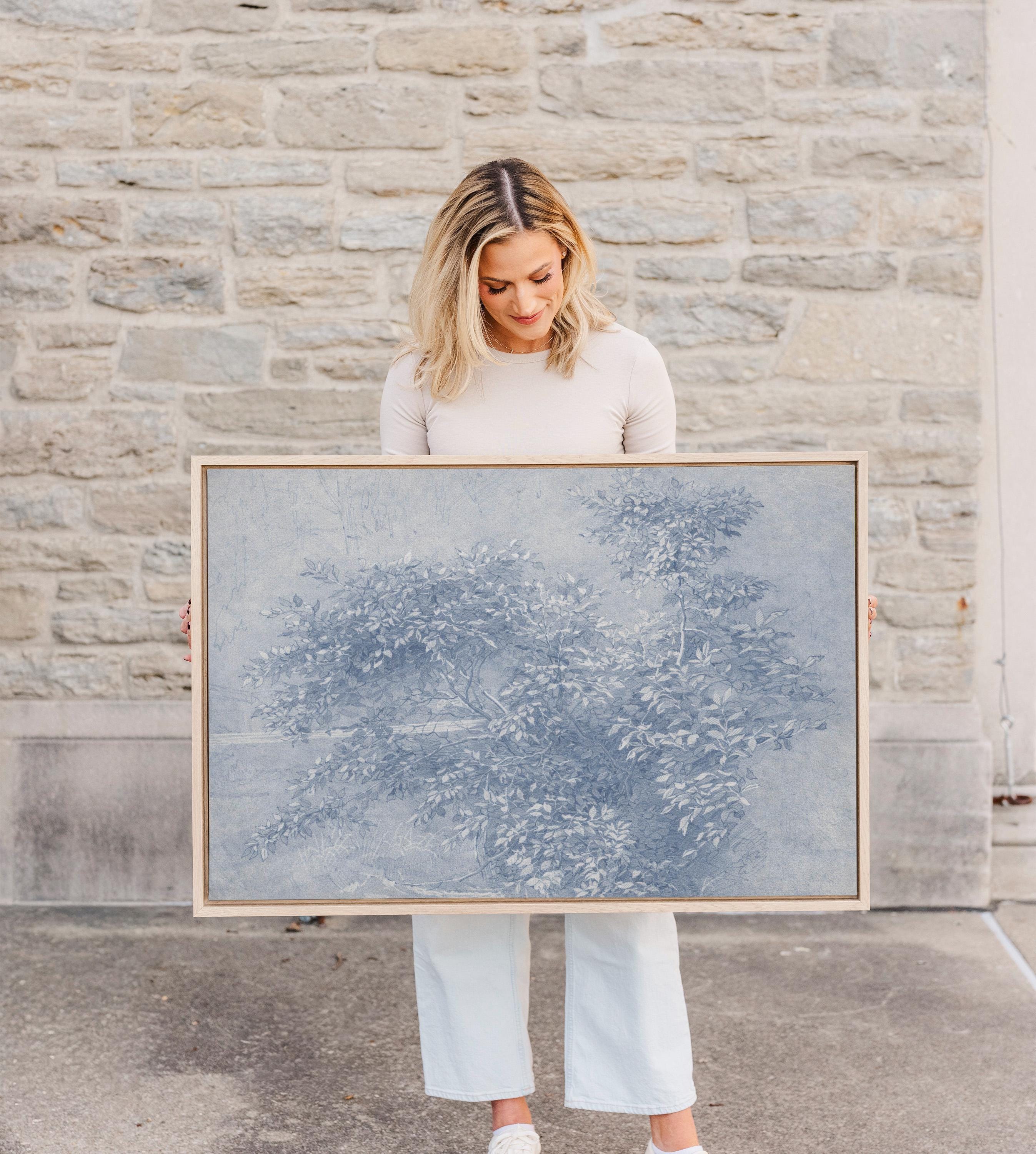 Antique Blue Botanical Wall Art Print – Vintage Ink Wash Leaves – French Country Cottage Decor – Blue Pastoral Landscape Art