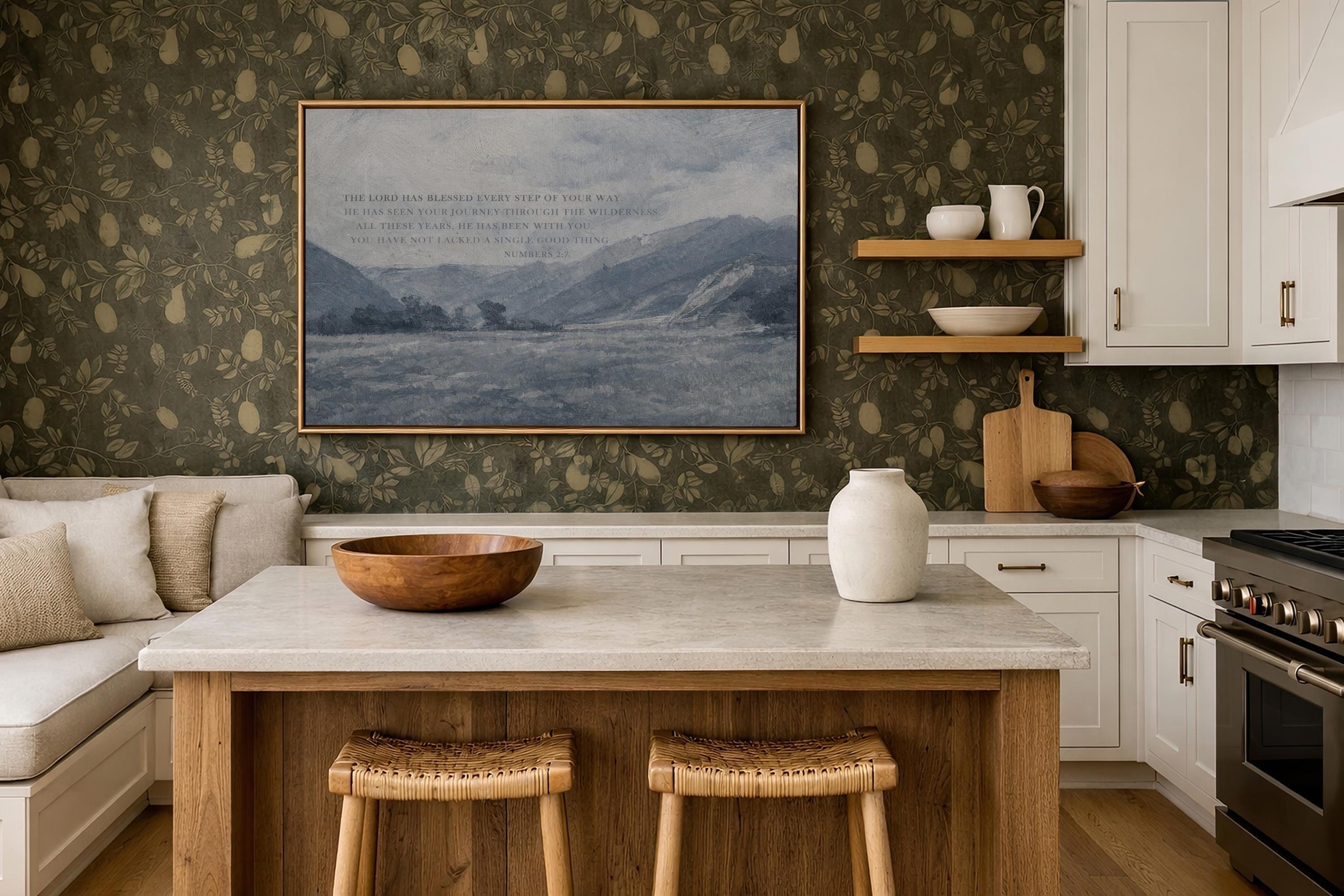 Numbers 2:7 Bible Verse Wall Art – The Lord Has Blessed Every Step – Vintage Blue Christian Landscape Print – Faith Home Decor