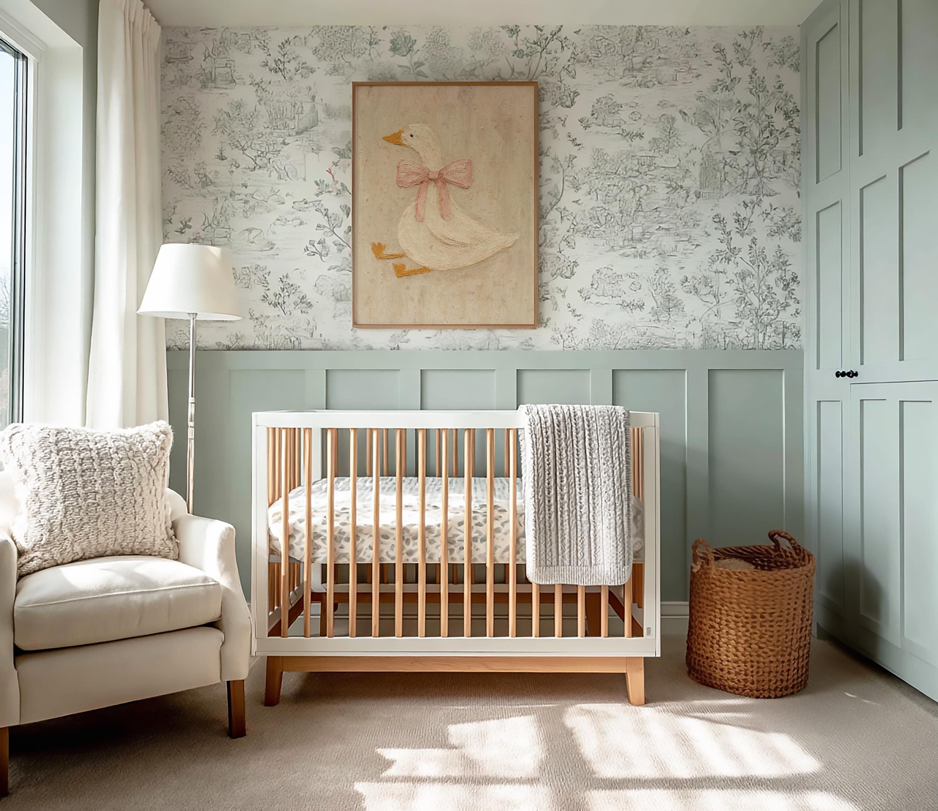 Vintage Duck Nursery Art: Canvas-Style Print with Pink Bow