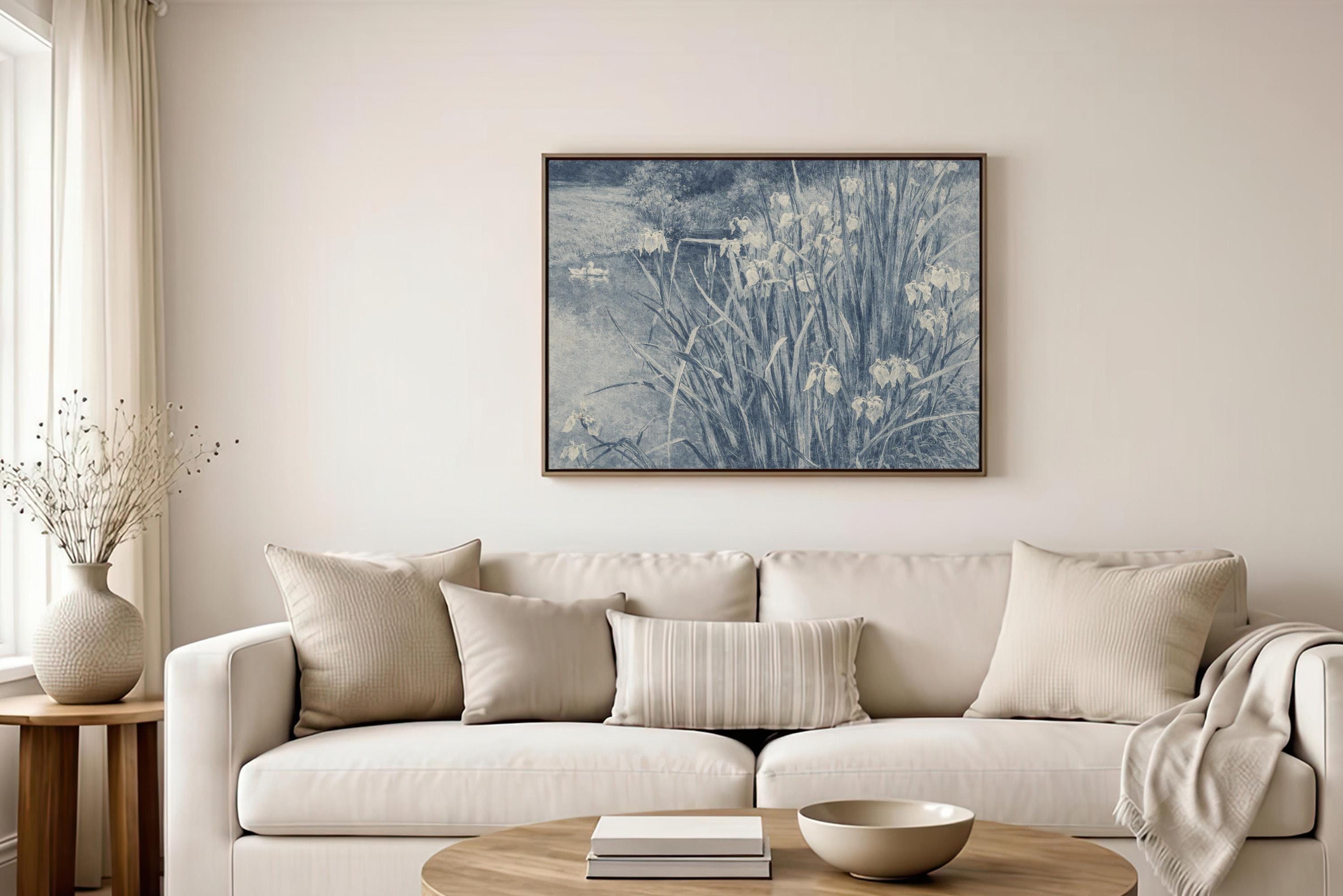 Blue Iris Pond Wall Art Print – Vintage Swan Landscape Artwork – French Country Cottage Decor – Moody Blue Nature Painting