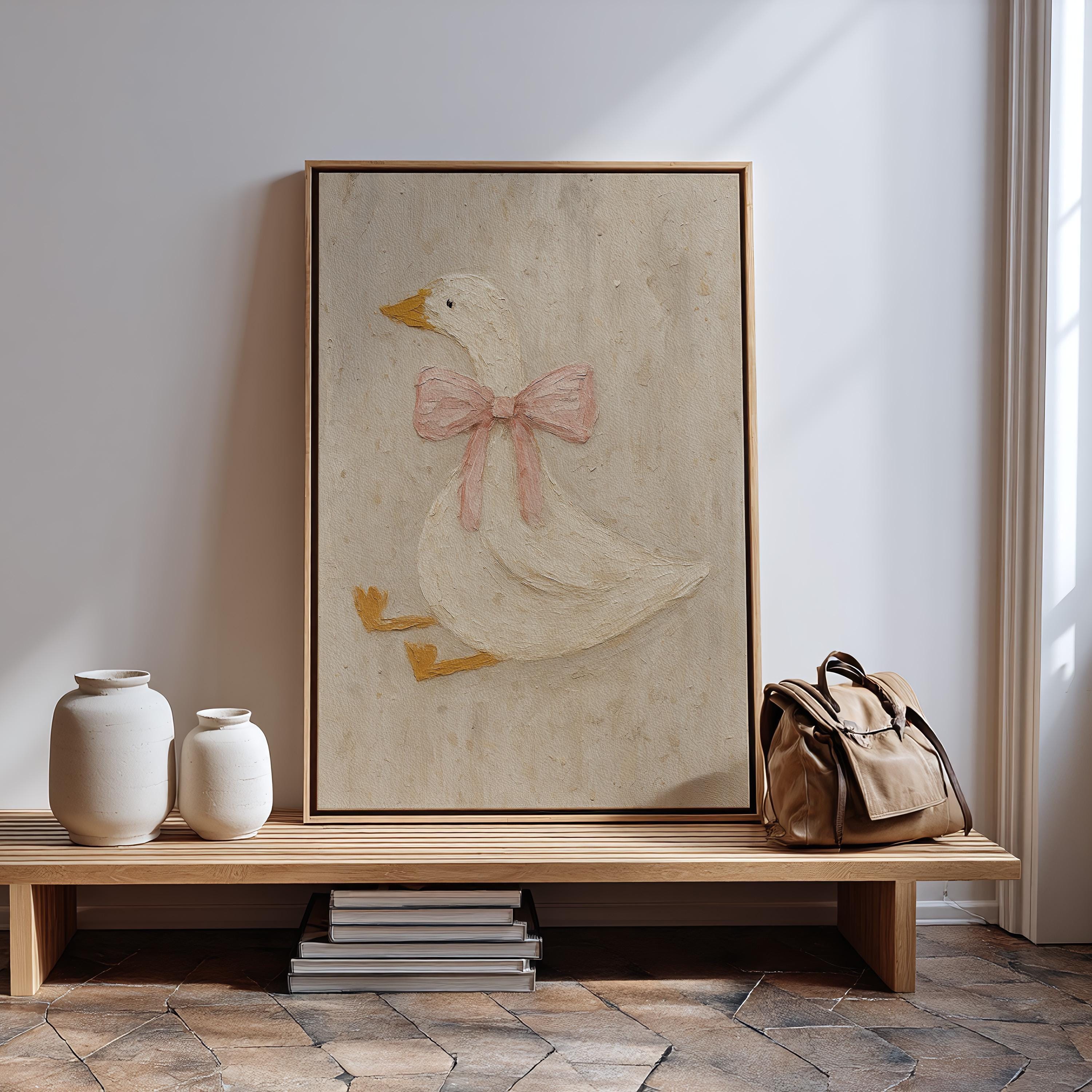 Vintage Duck Nursery Art: Canvas-Style Print with Pink Bow