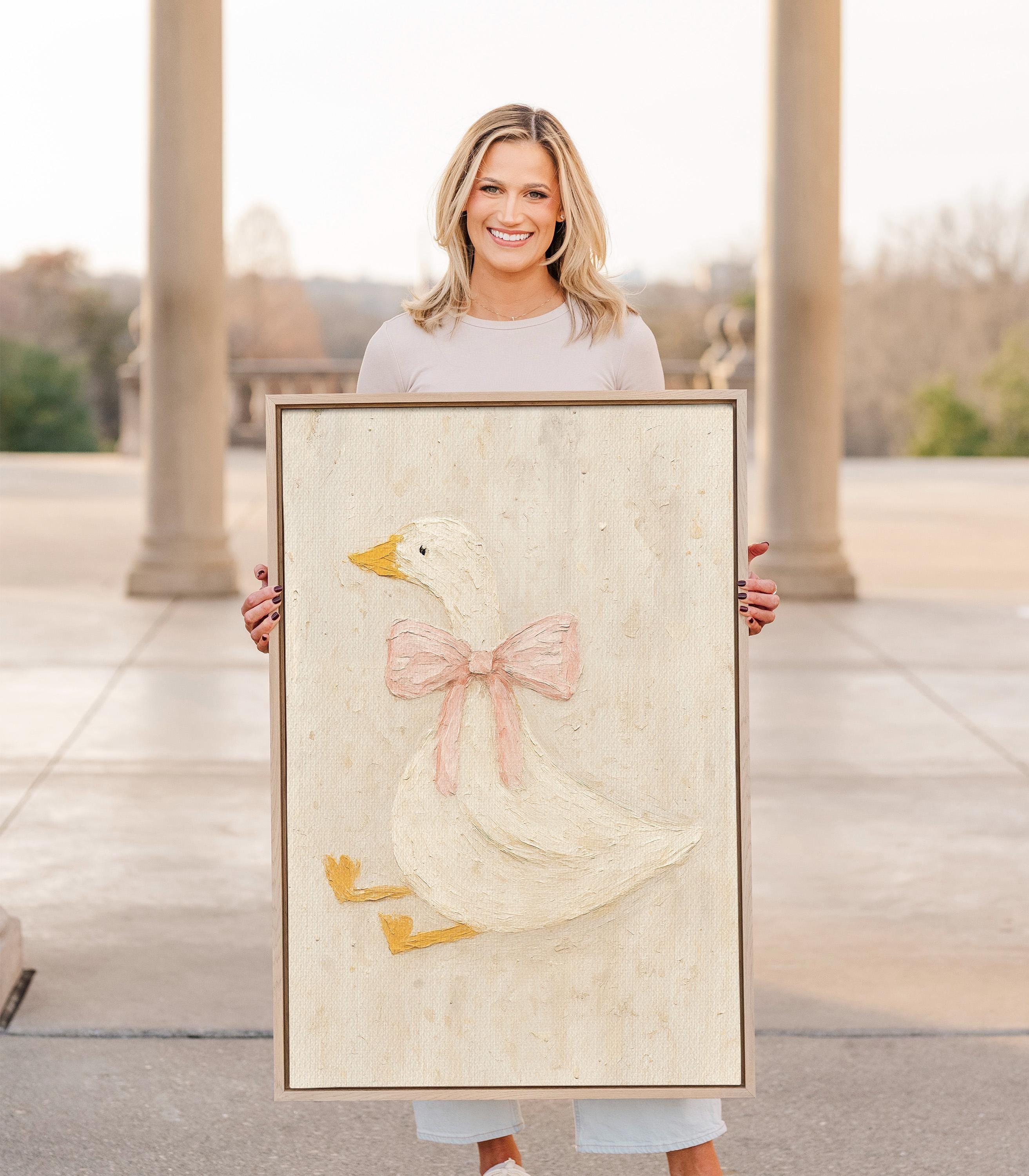 Vintage Duck Nursery Art: Canvas-Style Print with Pink Bow