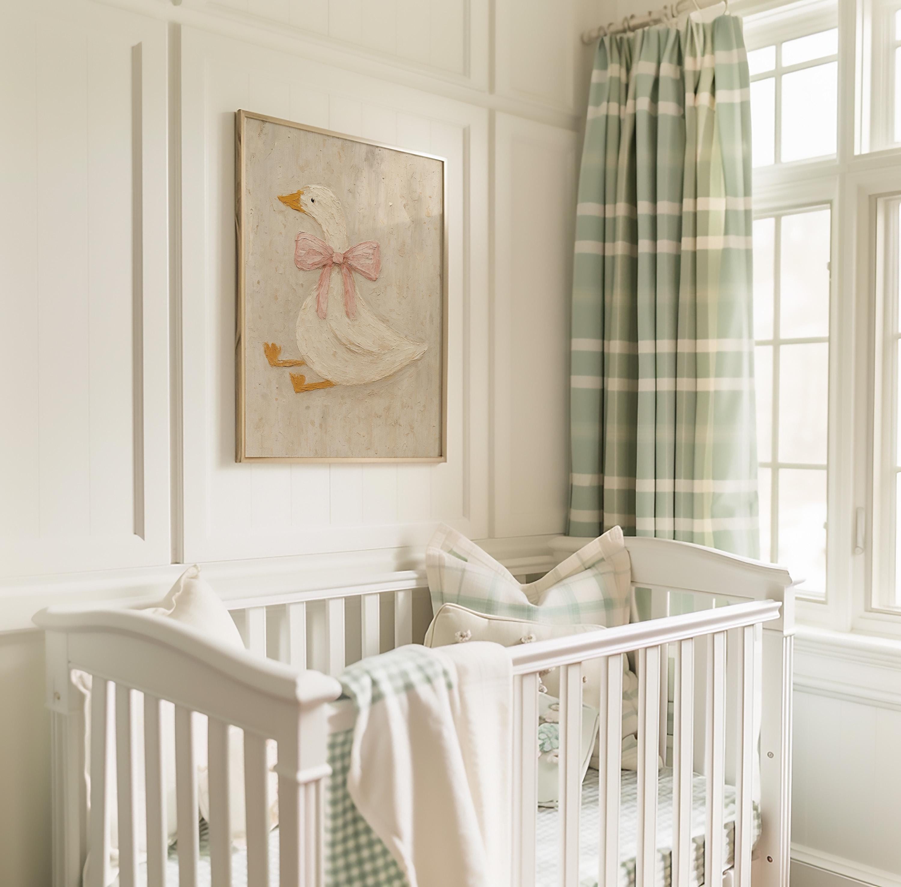 Vintage Duck Nursery Art: Canvas-Style Print with Pink Bow