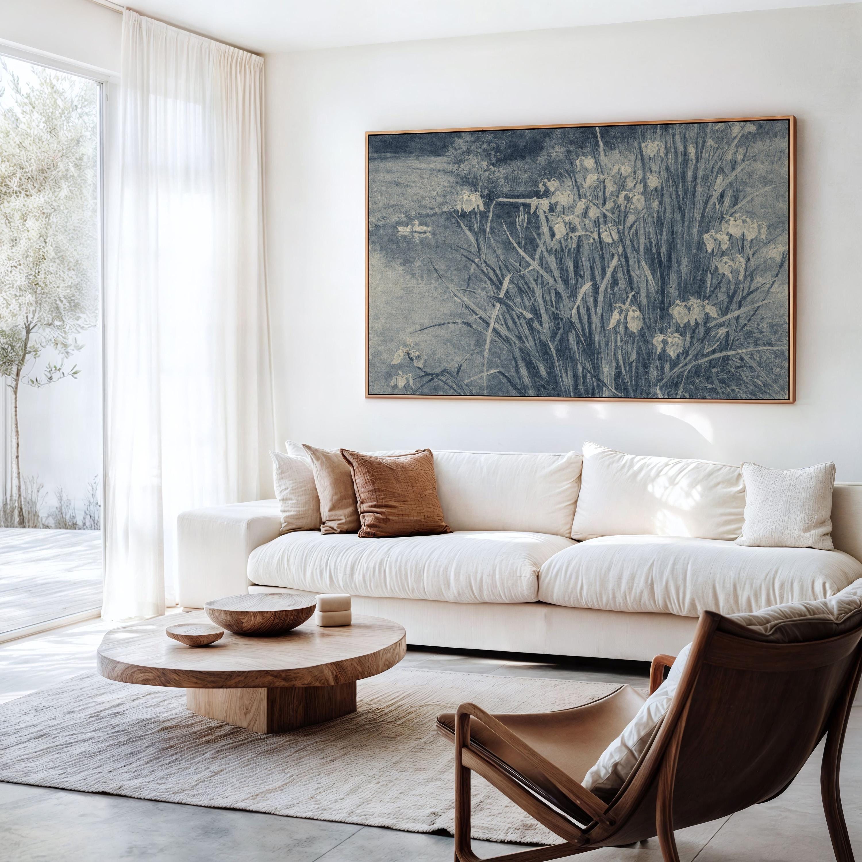 Blue Iris Pond Wall Art Print – Vintage Swan Landscape Artwork – French Country Cottage Decor – Moody Blue Nature Painting