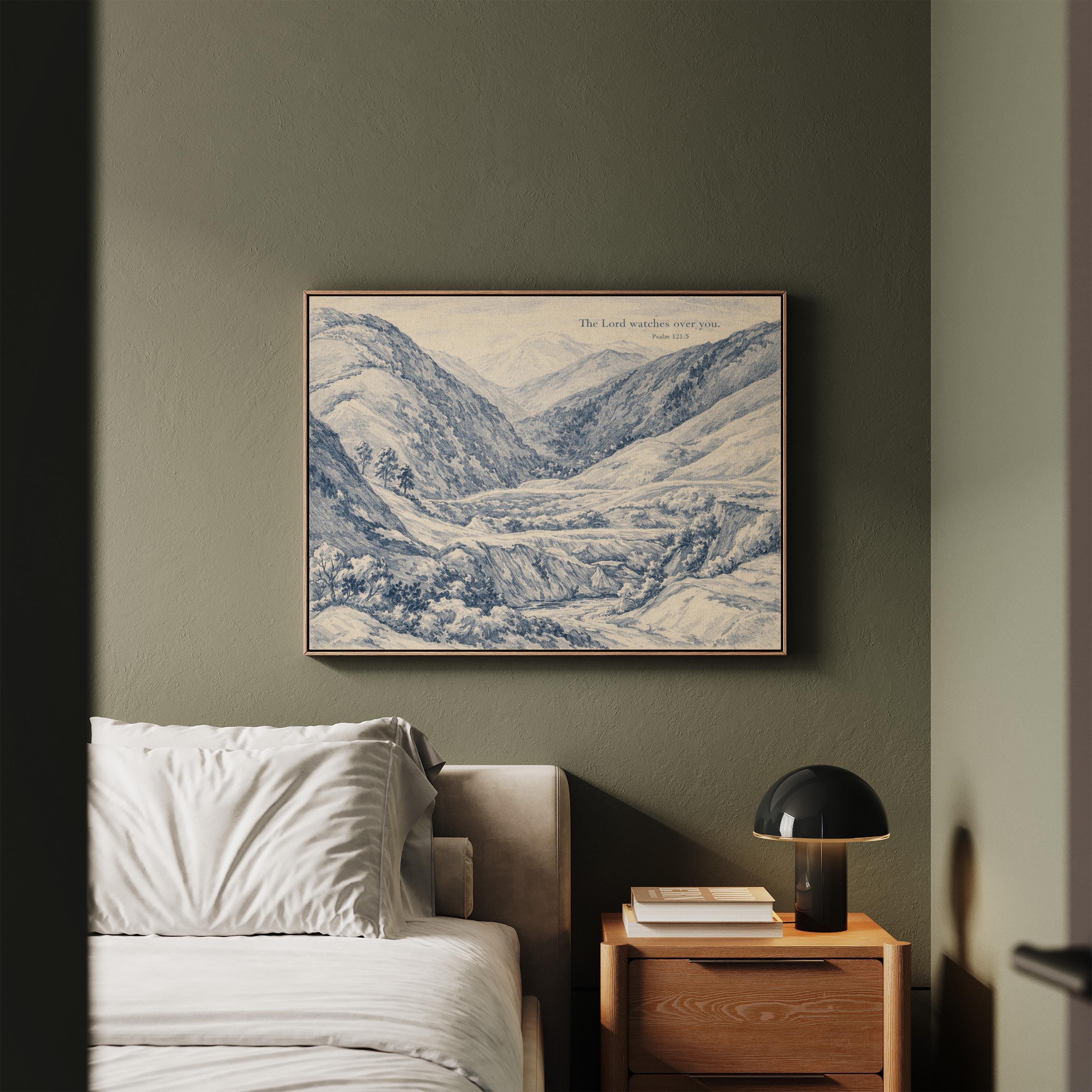 Psalm 121:5 Wall Art Print – The Lord Watches Over You – Blue Mountain Landscape Christian Wall Decor – Vintage Bible Verse Artwork