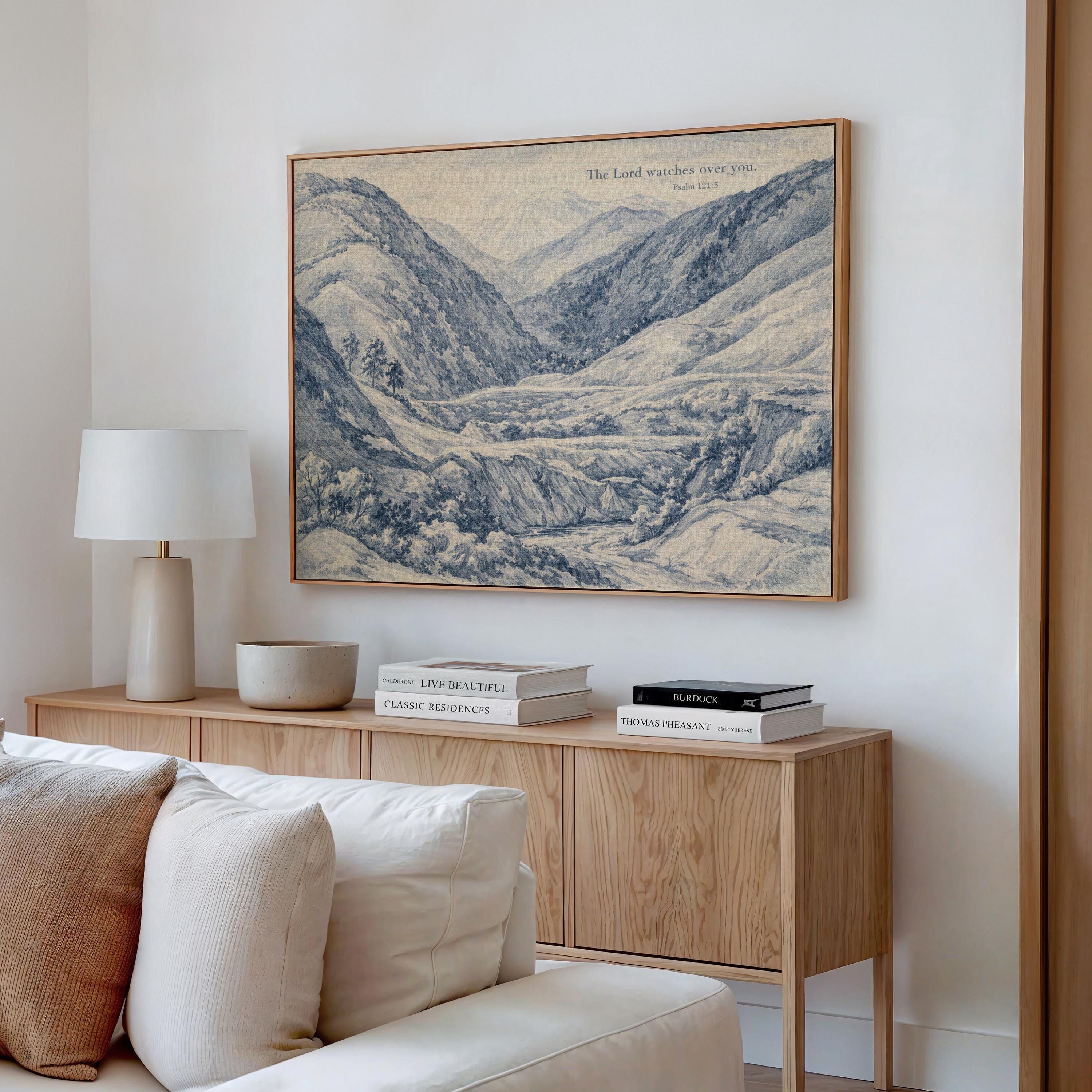 Psalm 121:5 Wall Art Print – The Lord Watches Over You – Blue Mountain Landscape Christian Wall Decor – Vintage Bible Verse Artwork