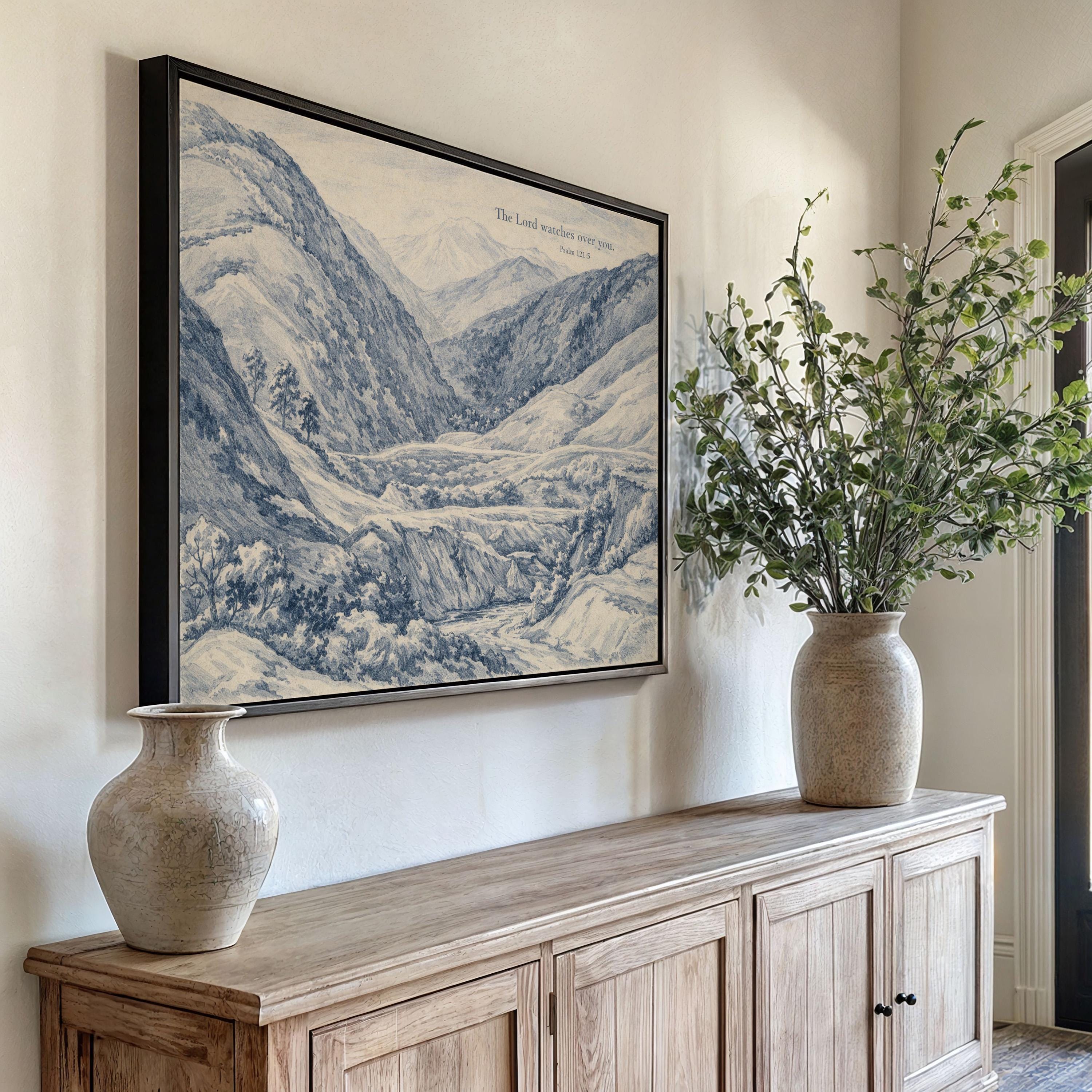 Psalm 121:5 Wall Art Print – The Lord Watches Over You – Blue Mountain Landscape Christian Wall Decor – Vintage Bible Verse Artwork