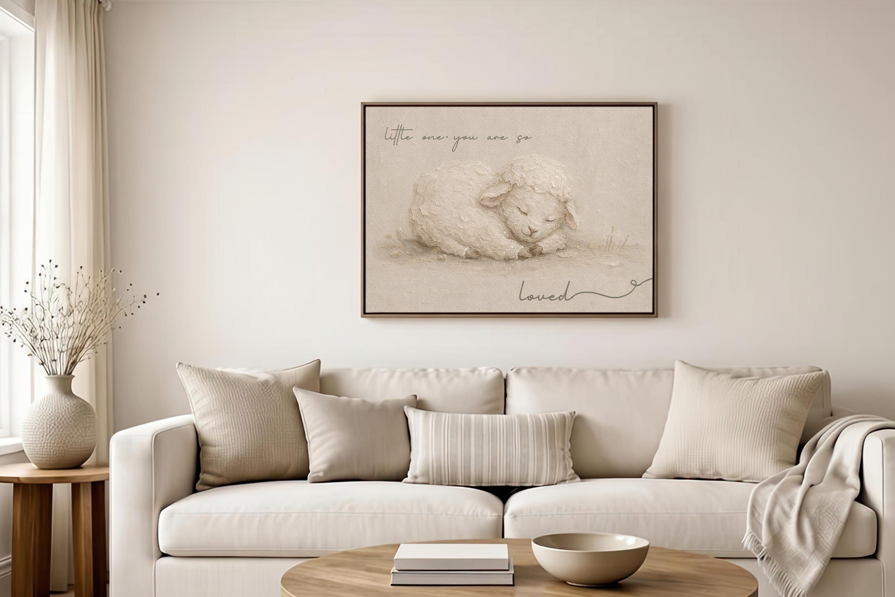 So Small, So Loved – Heirloom Lamb Nursery Print in Soft Linen Tones