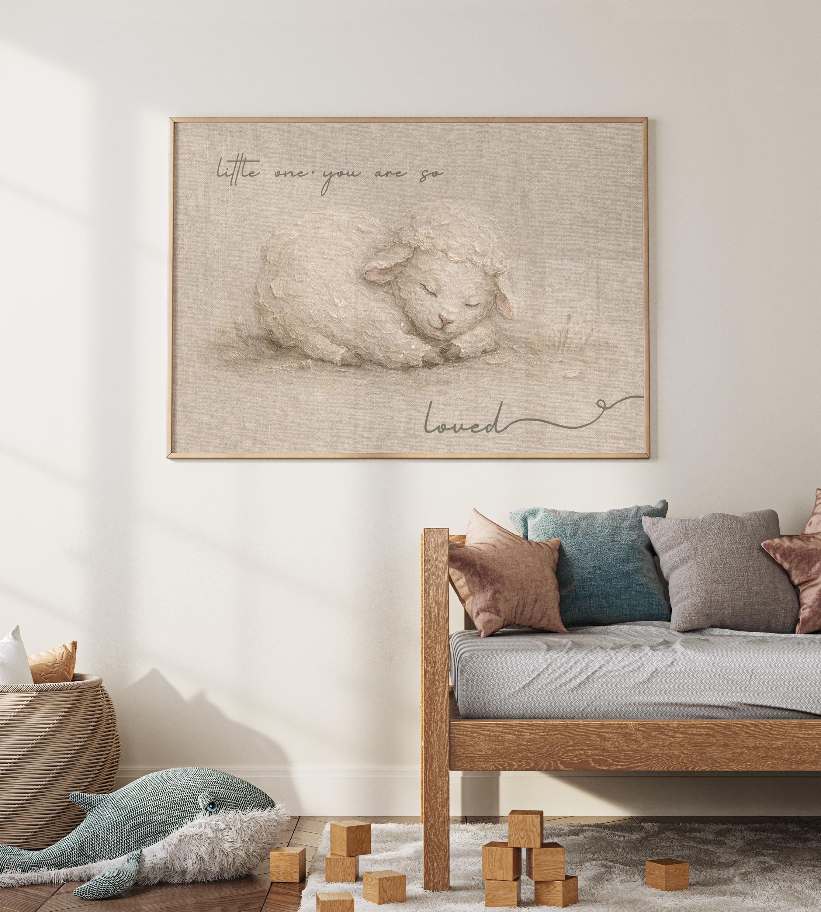 So Small, So Loved – Heirloom Lamb Nursery Print in Soft Linen Tones