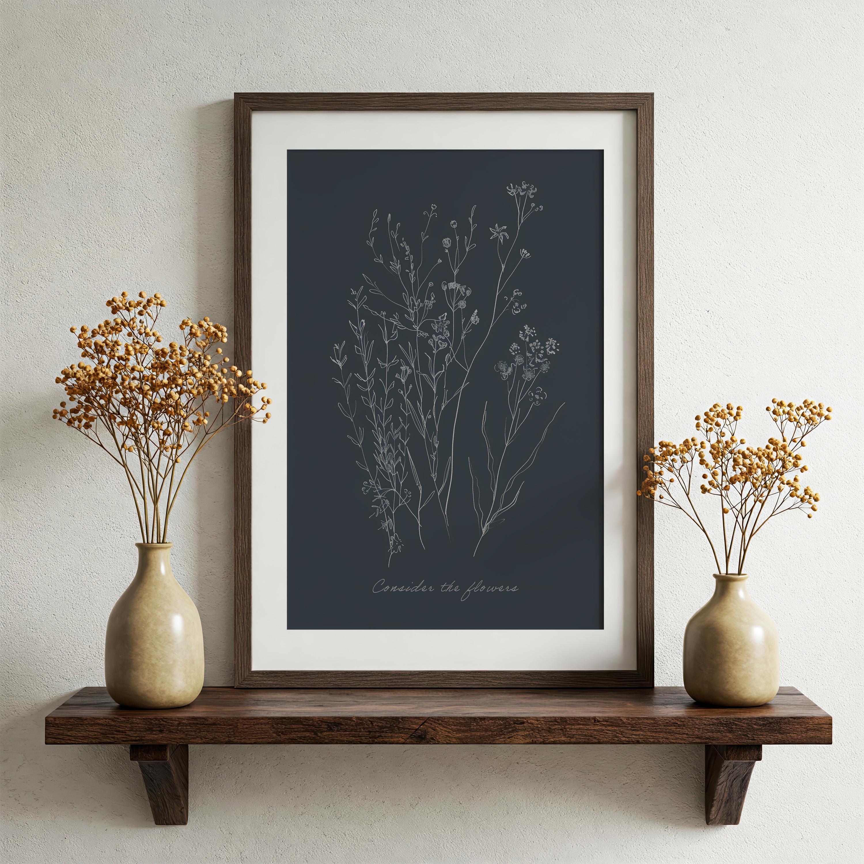 Consider the Flowers Christian Wall Art, Minimal Scripture Botanical Print, Matthew 6 Inspired Faith Artwork, Modern Christian Decor