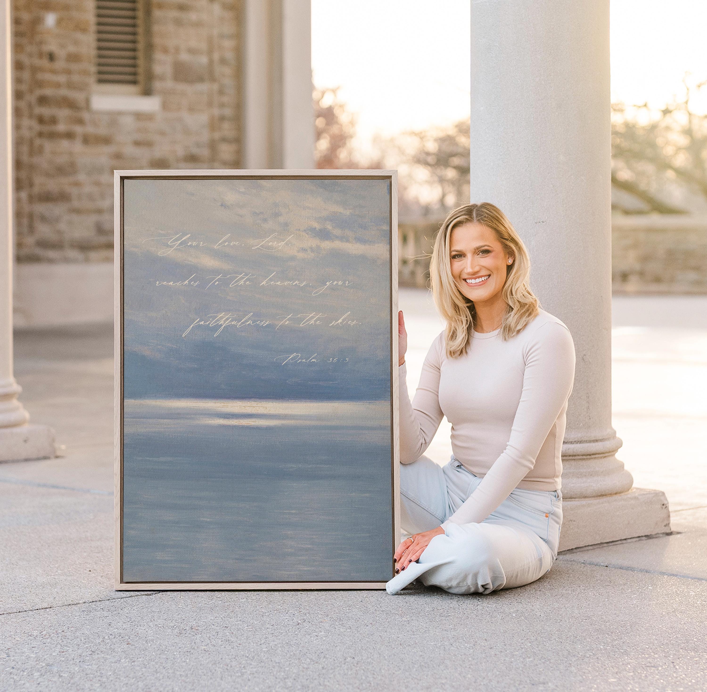 Psalm 36:5 Christian Wall Art | Your Love Reaches to the Heavens Print | Blue Coastal Scripture Decor | Neutral Faith Wall Art
