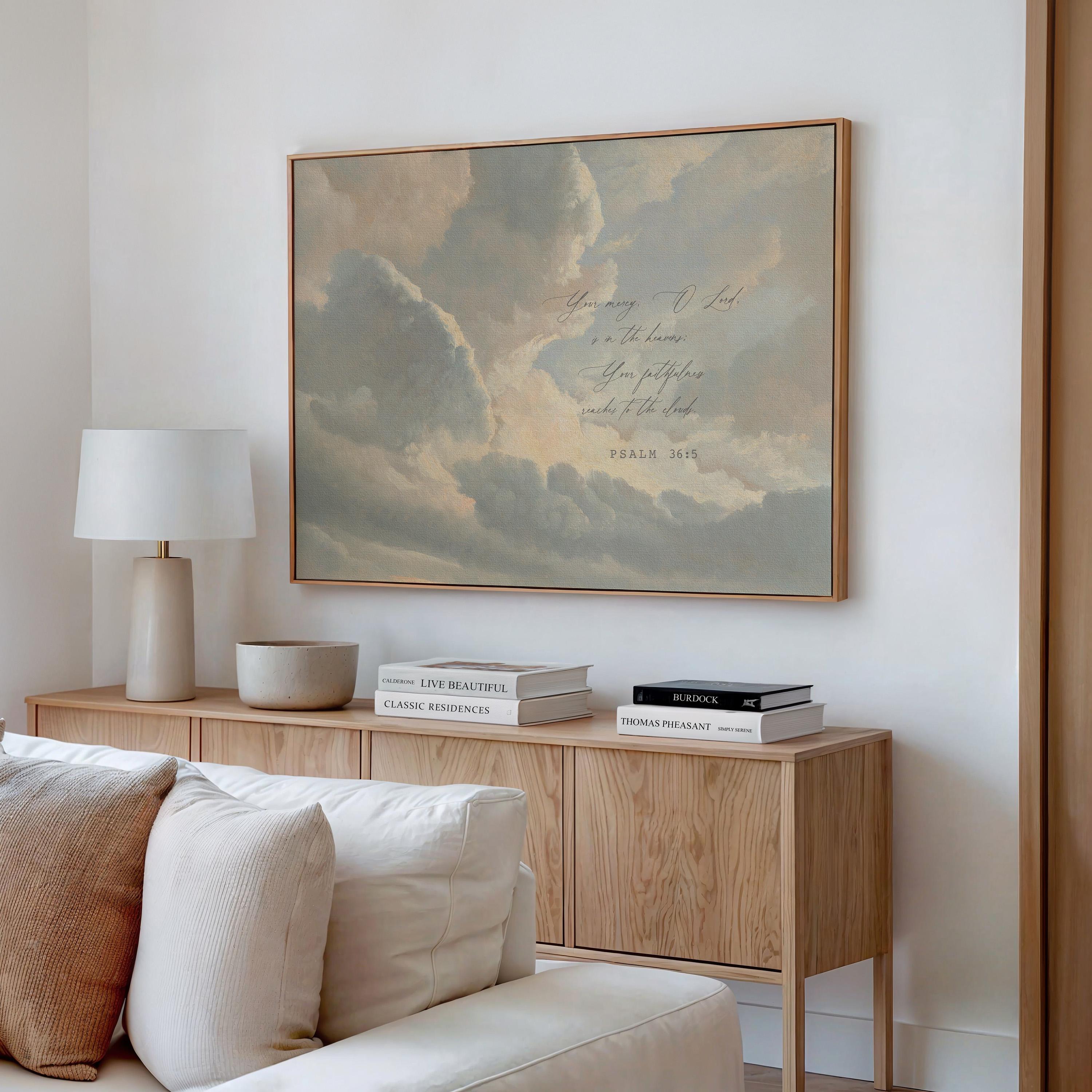 Psalm 36:5 Large Christian Canvas | Neutral Cloud Scripture Wall Art | Your Love Reaches the Heavens Decor | FG428