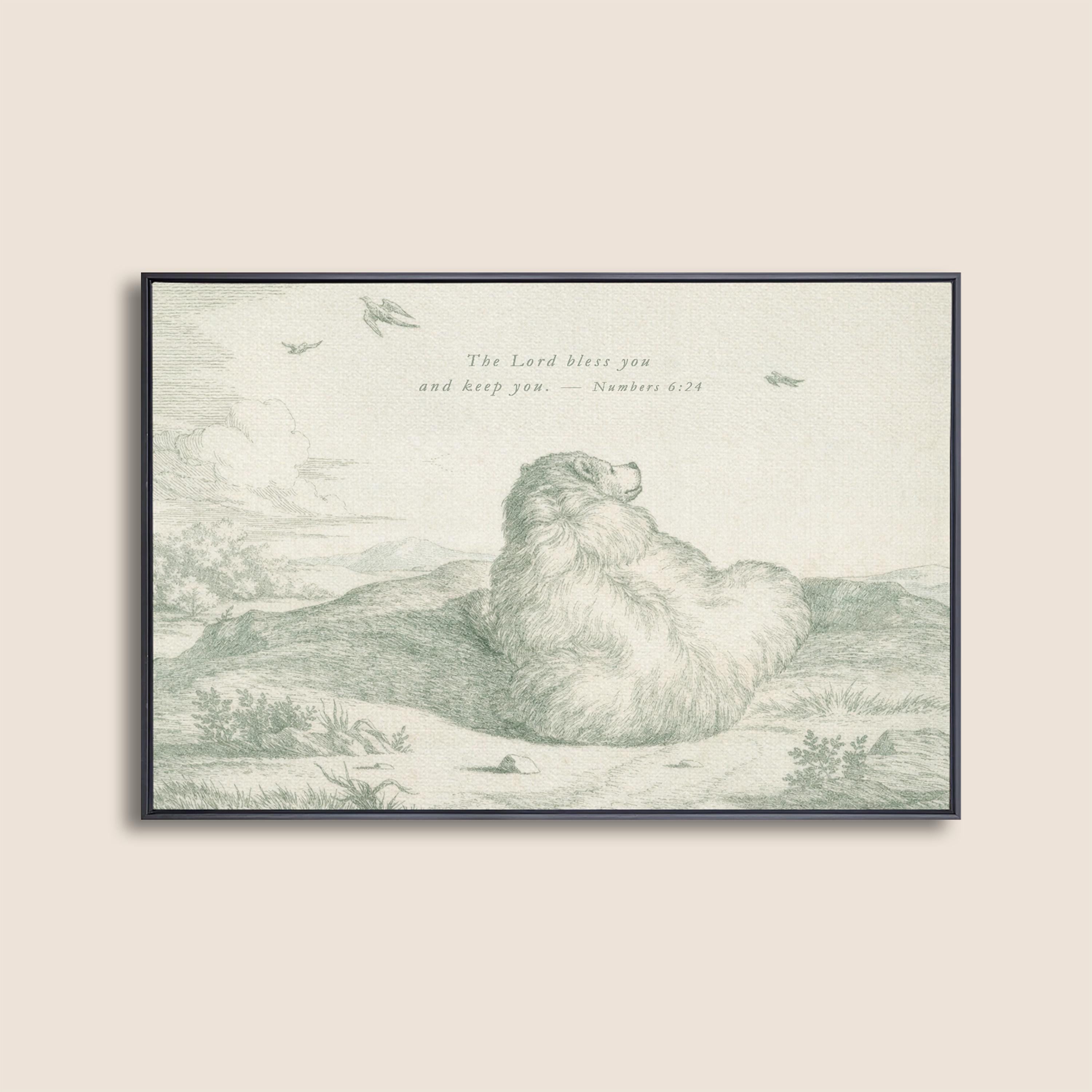 The Lord Bless You and Keep You Nursery Wall Art | Vintage Bear Christian Baby Room Decor | Numbers 6:24 Neutral Sage Printable