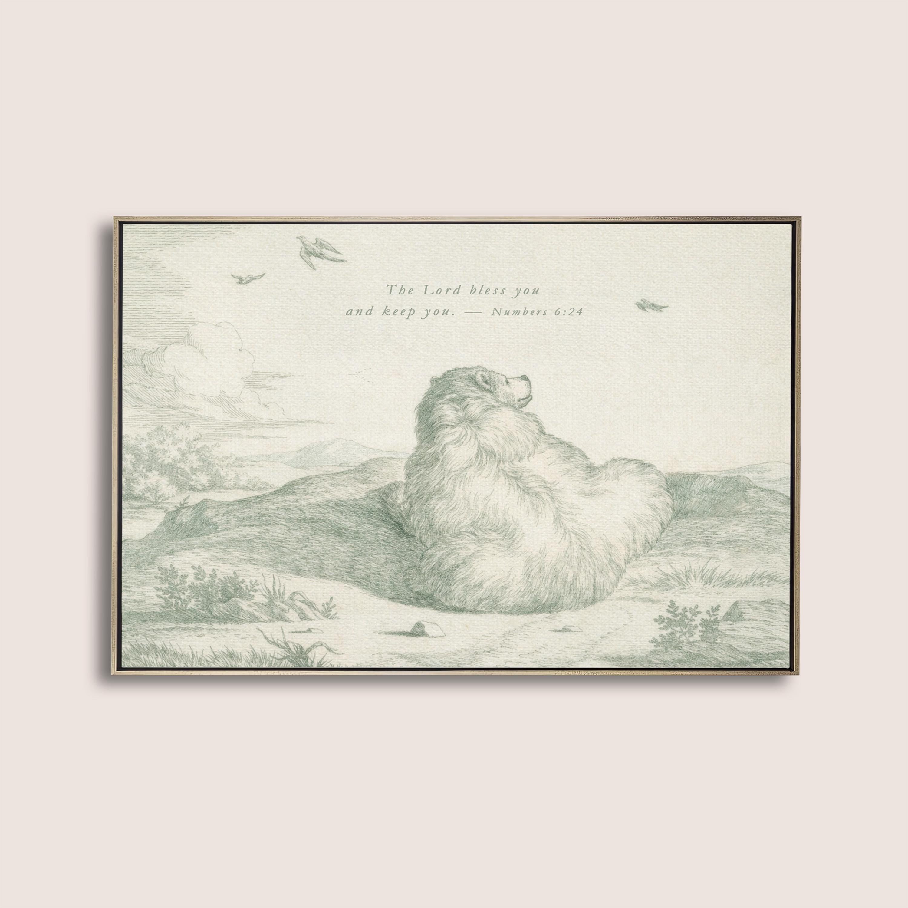 The Lord Bless You and Keep You Nursery Wall Art | Vintage Bear Christian Baby Room Decor | Numbers 6:24 Neutral Sage Printable