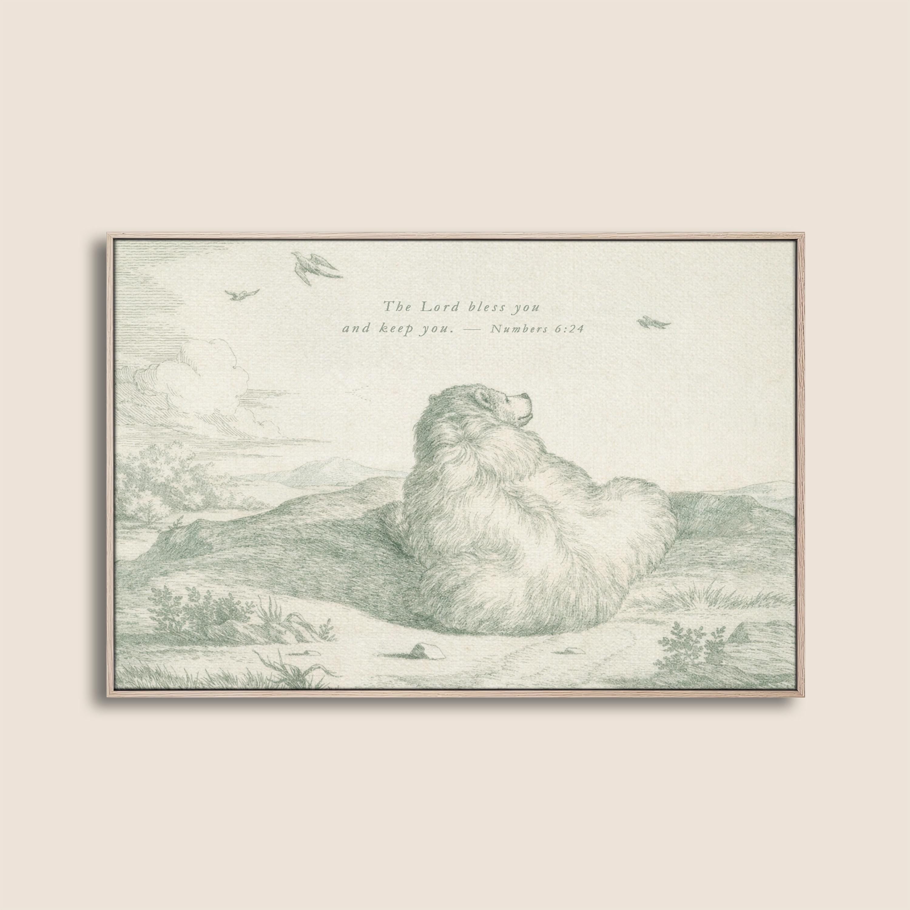 The Lord Bless You and Keep You Nursery Wall Art | Vintage Bear Christian Baby Room Decor | Numbers 6:24 Neutral Sage Printable