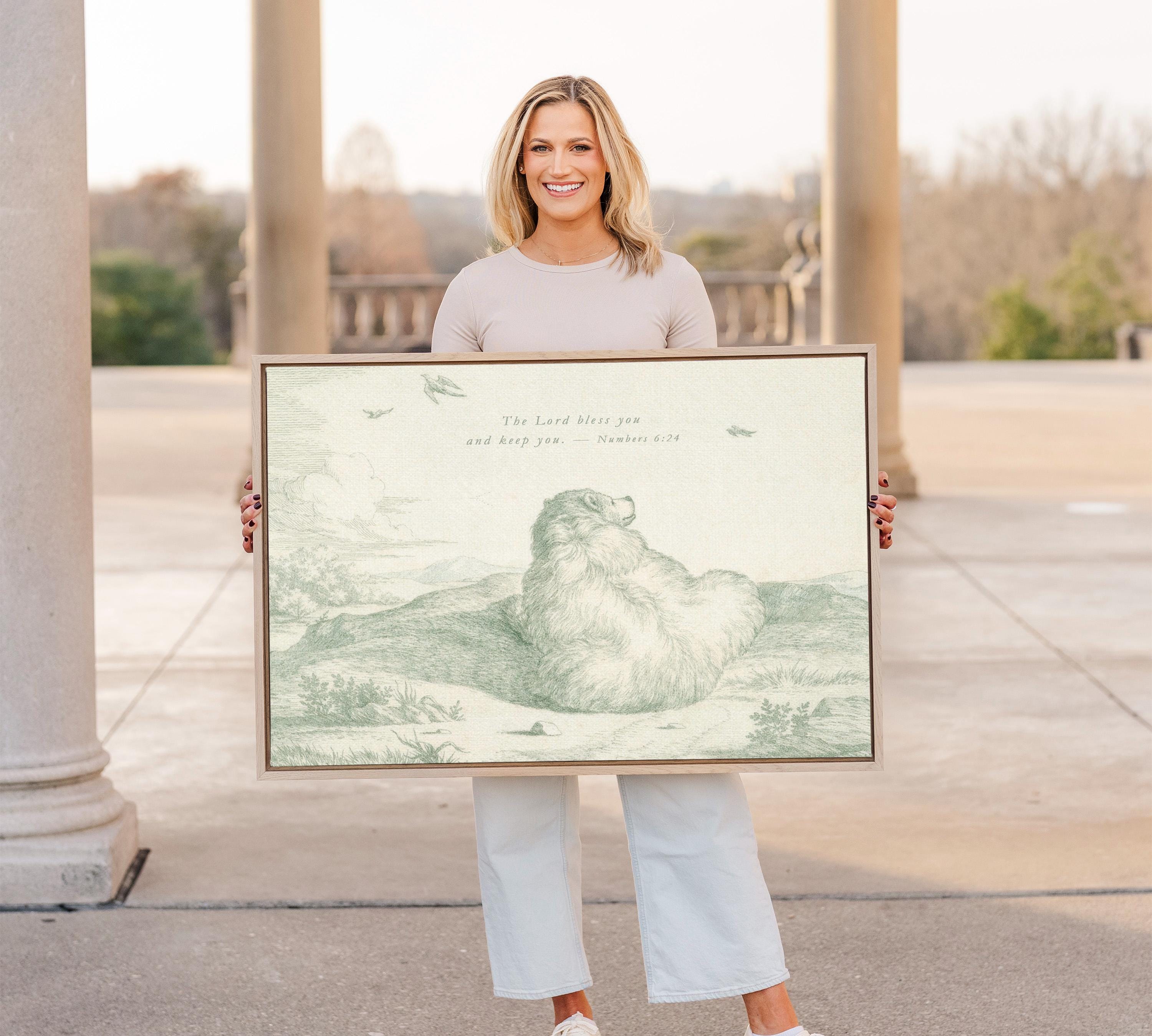 The Lord Bless You and Keep You Nursery Wall Art | Vintage Bear Christian Baby Room Decor | Numbers 6:24 Neutral Sage Printable