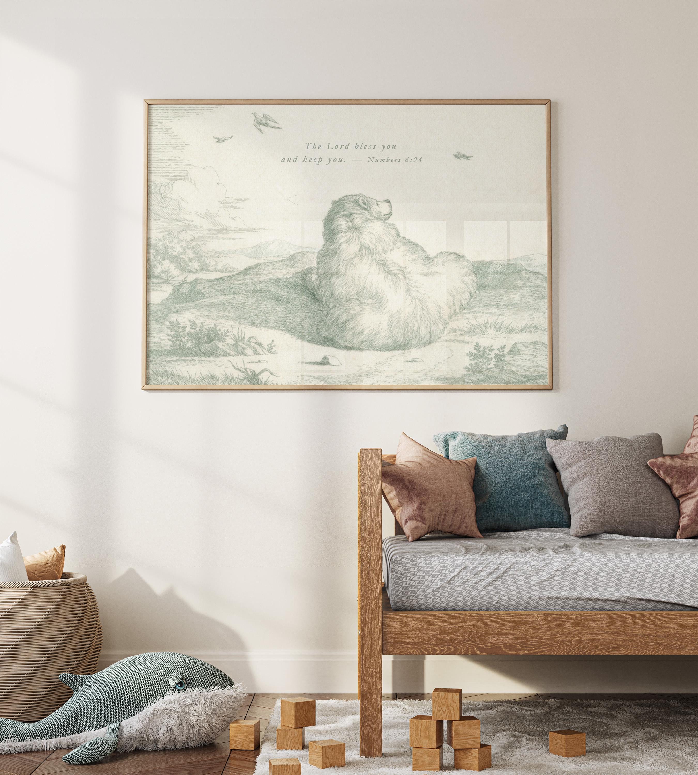 The Lord Bless You and Keep You Nursery Wall Art | Vintage Bear Christian Baby Room Decor | Numbers 6:24 Neutral Sage Printable