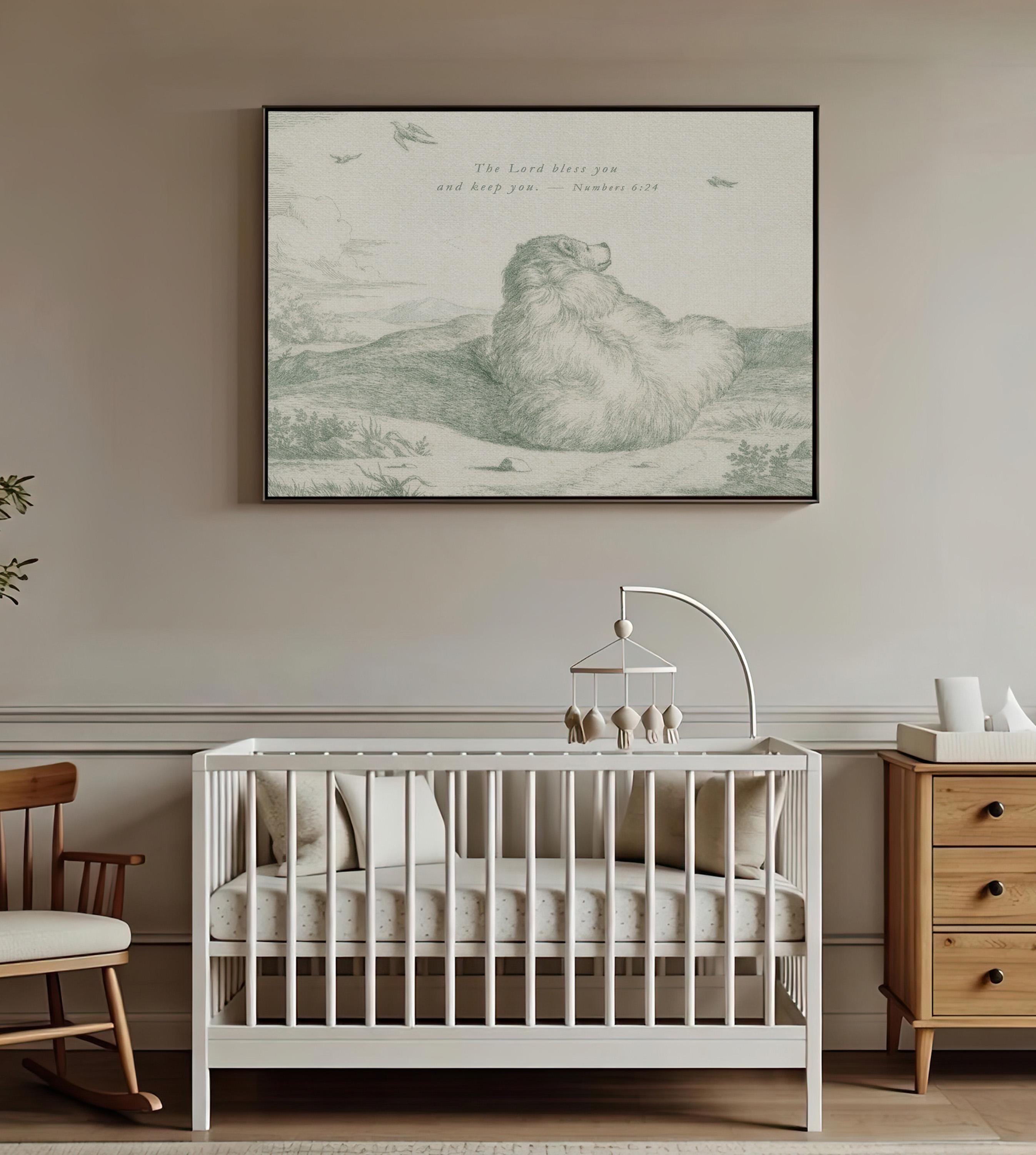 The Lord Bless You and Keep You Nursery Wall Art | Vintage Bear Christian Baby Room Decor | Numbers 6:24 Neutral Sage Printable