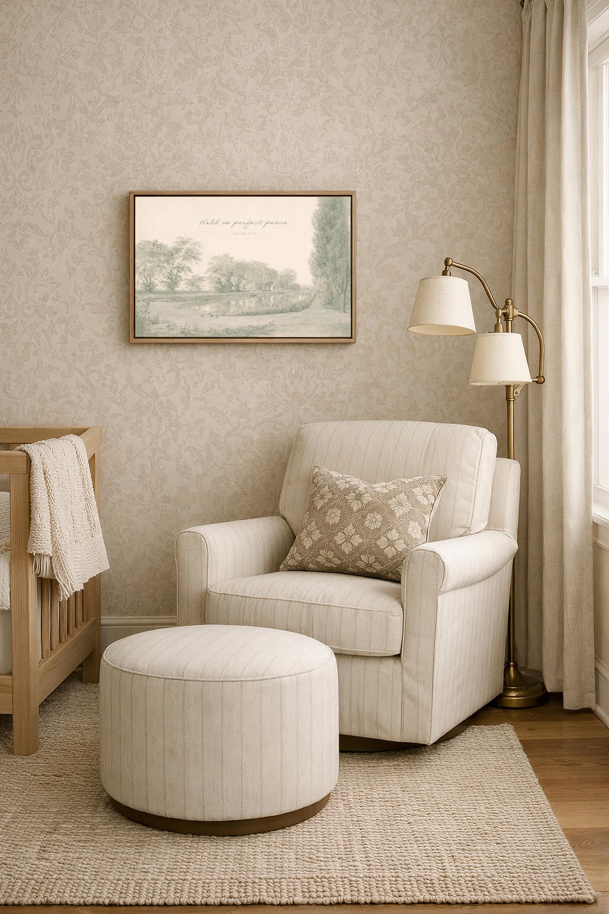 Held in Perfect Peace Nursery Wall Art | Isaiah 26:3 Christian Nursery Room Decor | Vintage Landscape Neutral Sage Print