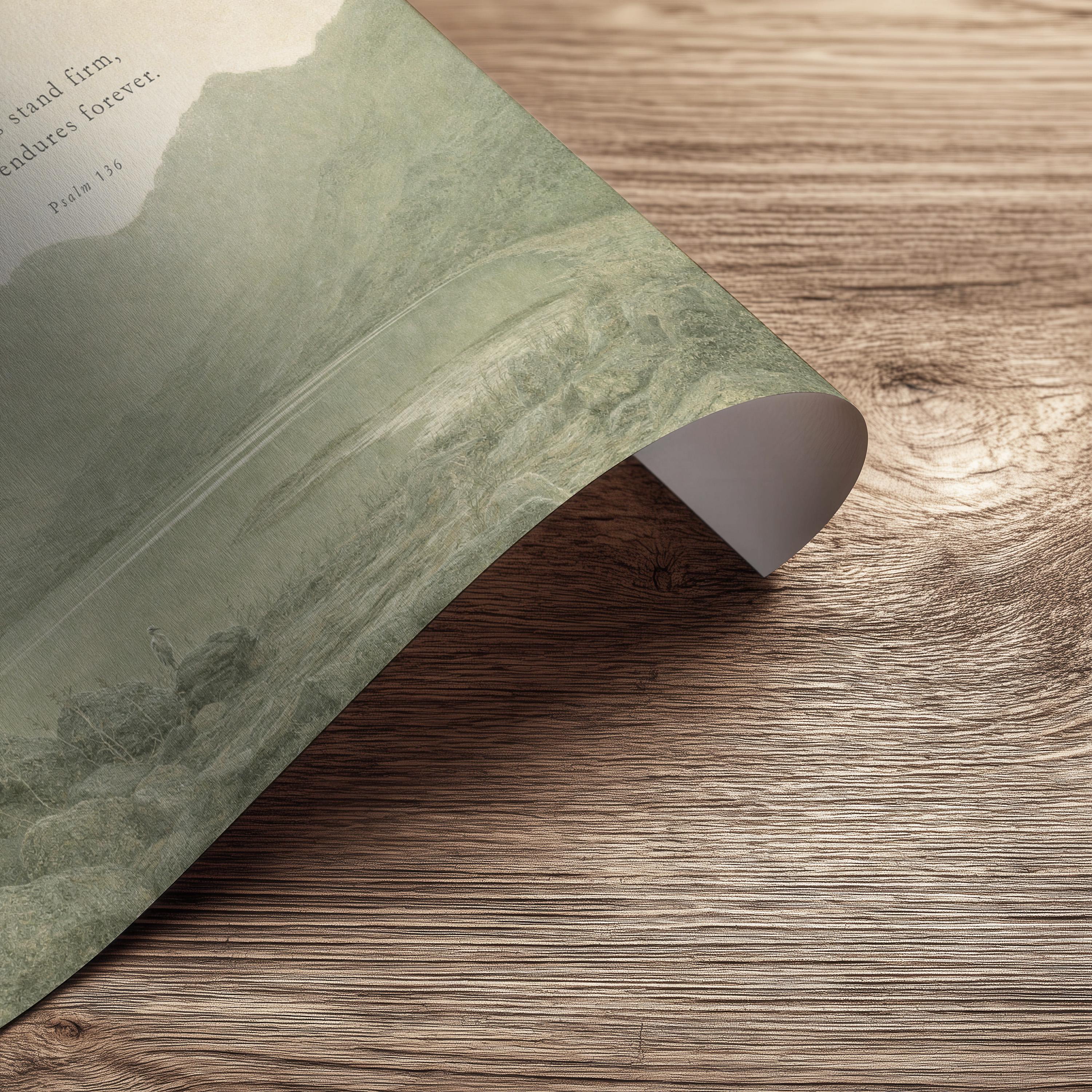 The Mountains Stand Firm Christian Wall Art | Psalm 136 Scripture Print | Neutral Green Landscape Faith Home Decor