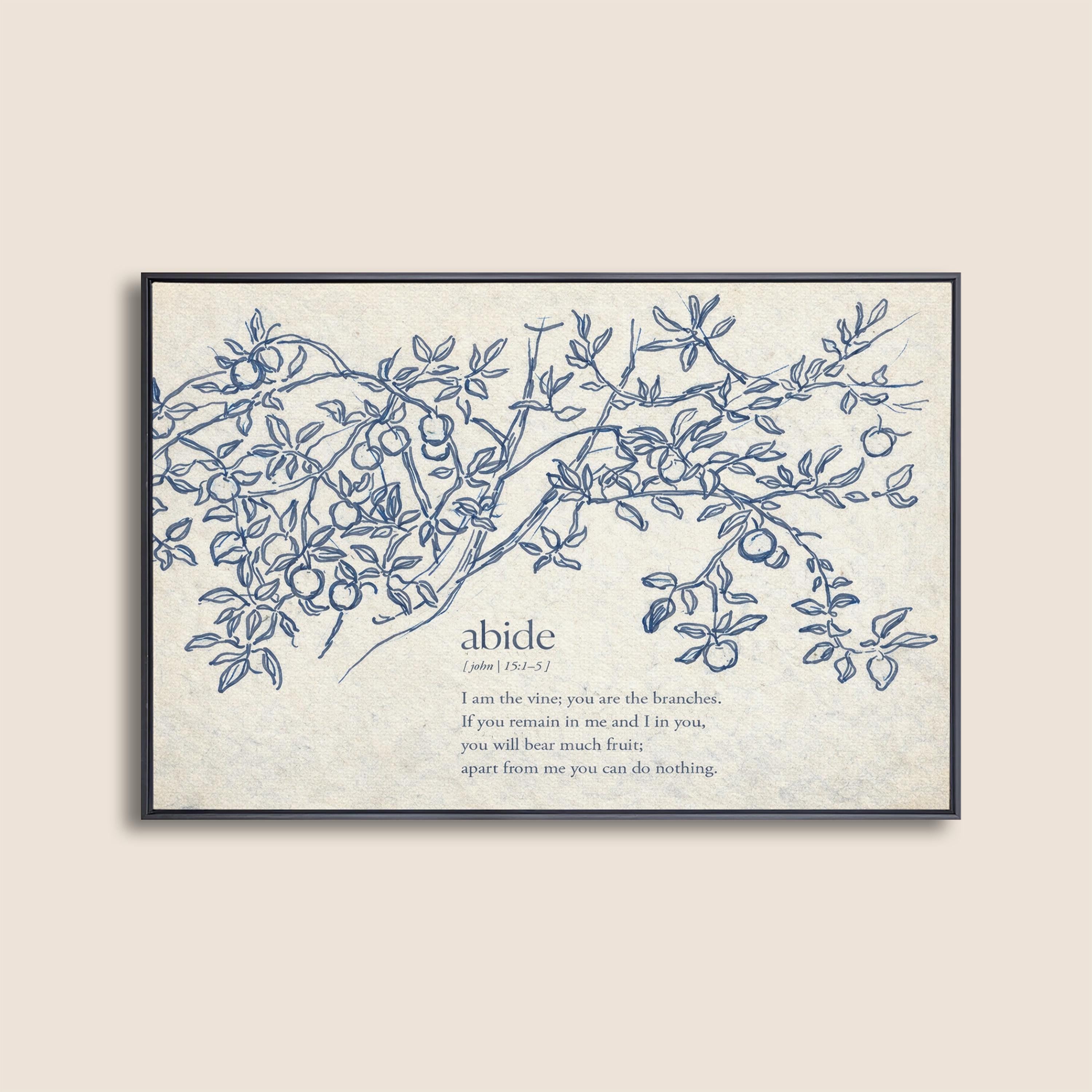 John 15:5 Abide in Me Print – Neutral Christian Wall Art – Vintage Vine Botanical Scripture – Faith Based Farmhouse Home Decor