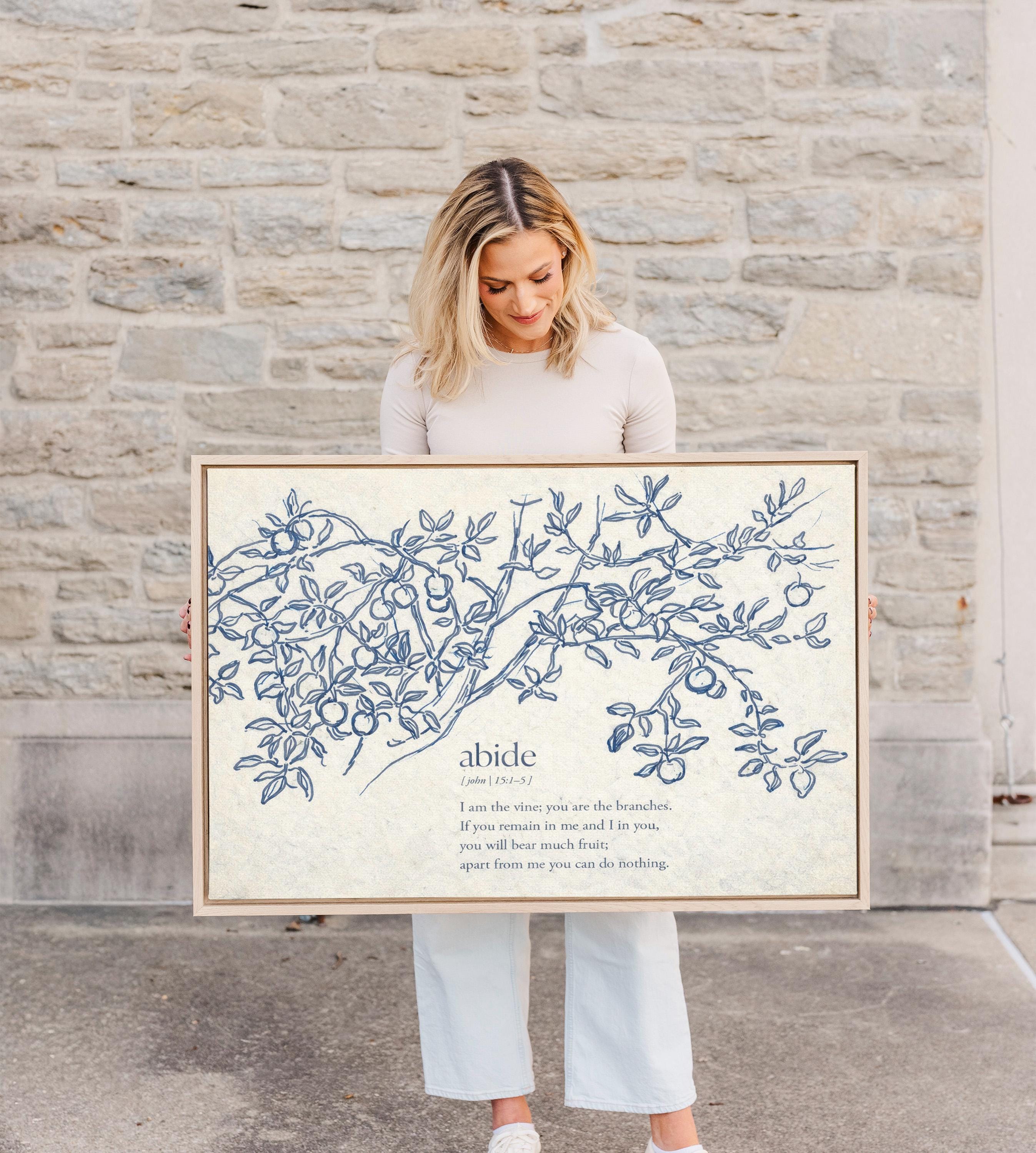 John 15:5 Abide in Me Print – Neutral Christian Wall Art – Vintage Vine Botanical Scripture – Faith Based Farmhouse Home Decor