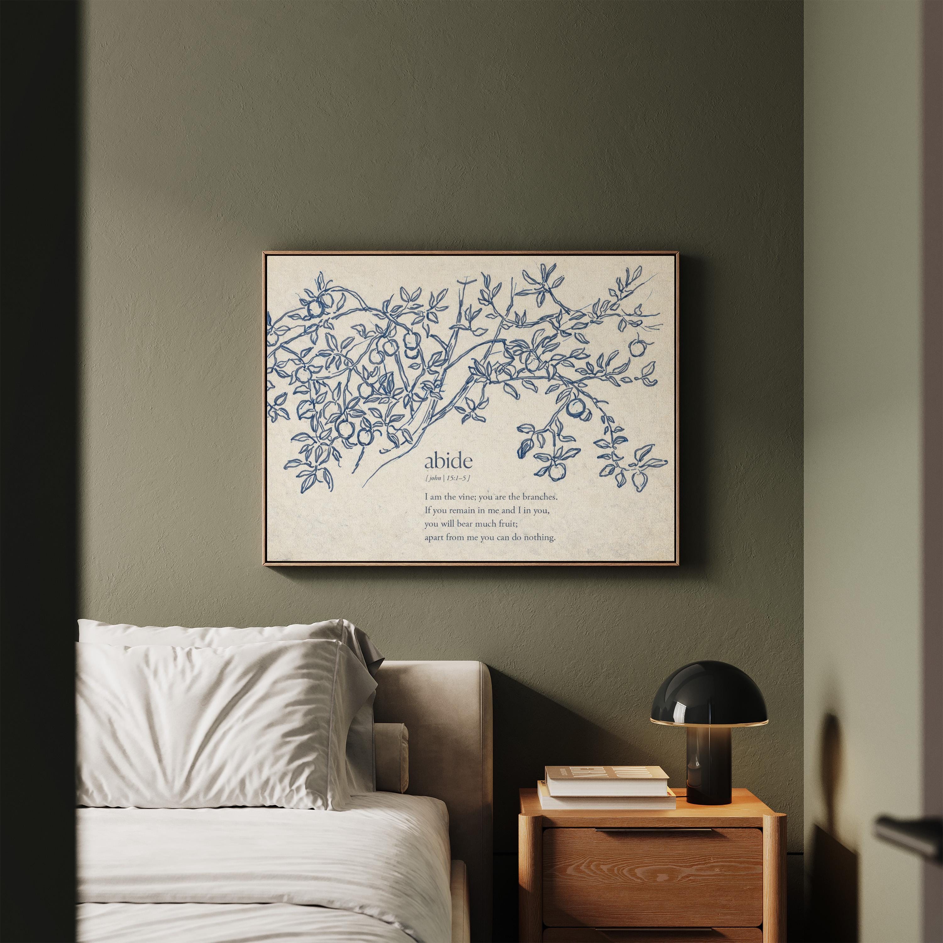 John 15:5 Abide in Me Print – Neutral Christian Wall Art – Vintage Vine Botanical Scripture – Faith Based Farmhouse Home Decor
